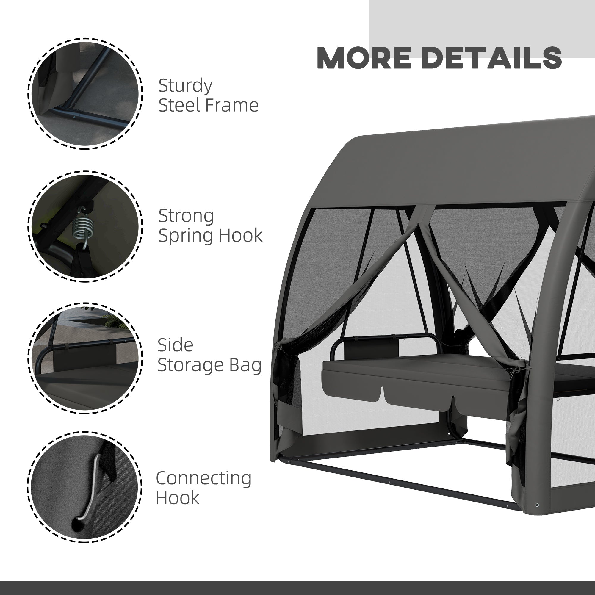Outsunny 3-Seat Outdoor Swing Chair, Chaise Lounger Bed, Garden Hammock, Converting Flat Bed with Steel Stand, Canopy and Mesh Netting for Garden, Patio, Porch, Dark Grey