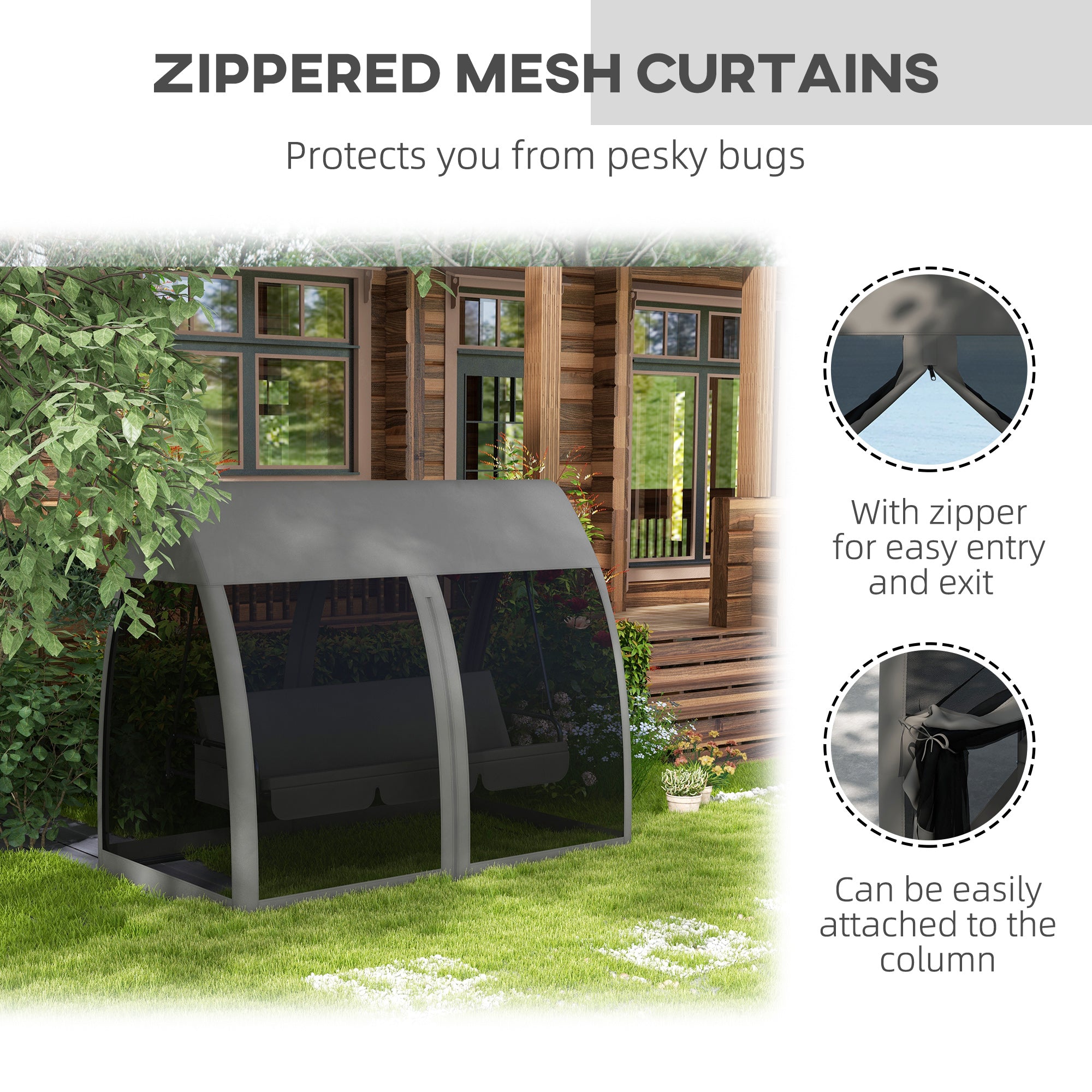 Outsunny 3-Seat Outdoor Swing Chair, Chaise Lounger Bed, Garden Hammock, Converting Flat Bed with Steel Stand, Canopy and Mesh Netting for Garden, Patio, Porch, Dark Grey