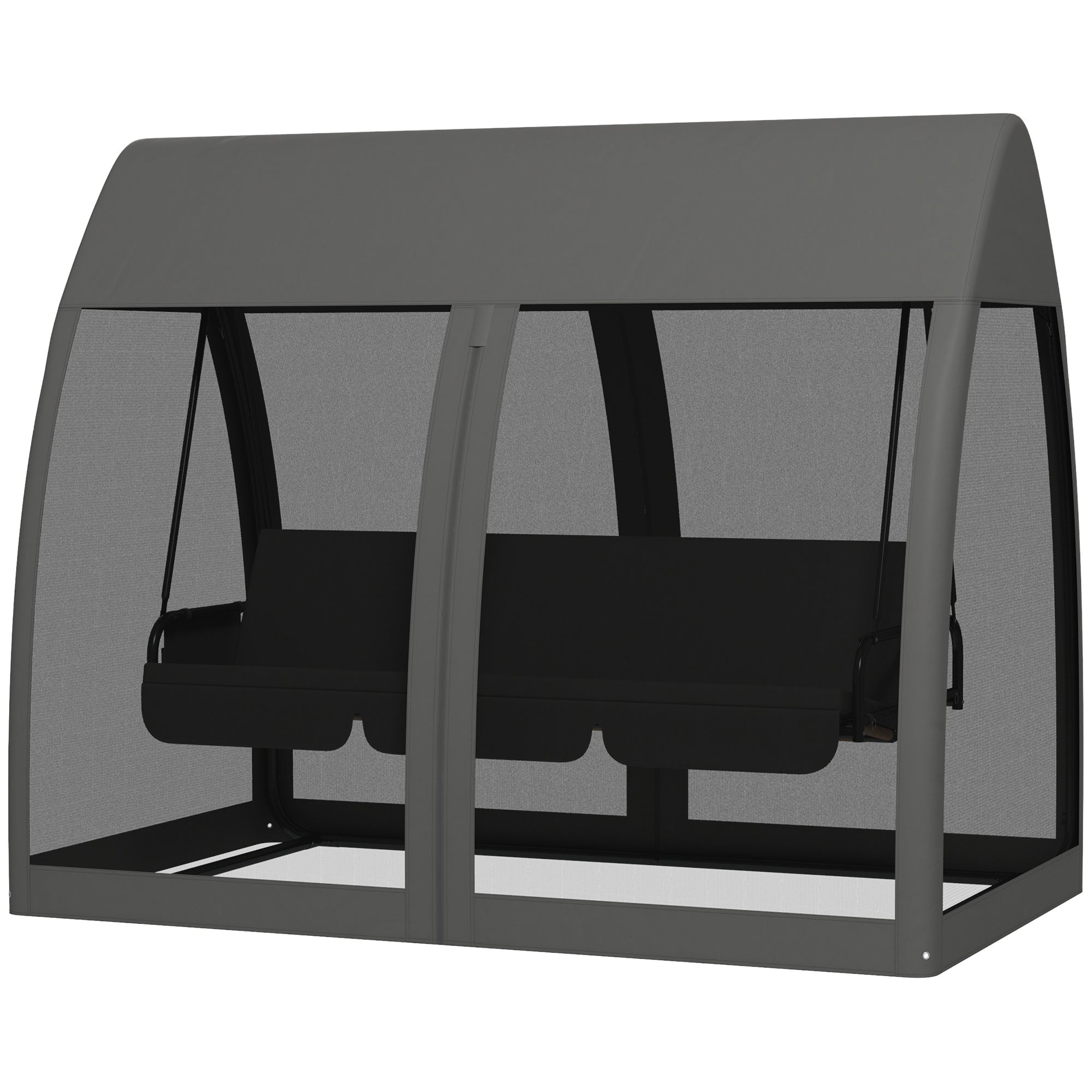 Outsunny 3-Seat Outdoor Swing Chair, Chaise Lounger Bed, Garden Hammock, Converting Flat Bed with Steel Stand, Canopy and Mesh Netting for Garden, Patio, Porch, Dark Grey