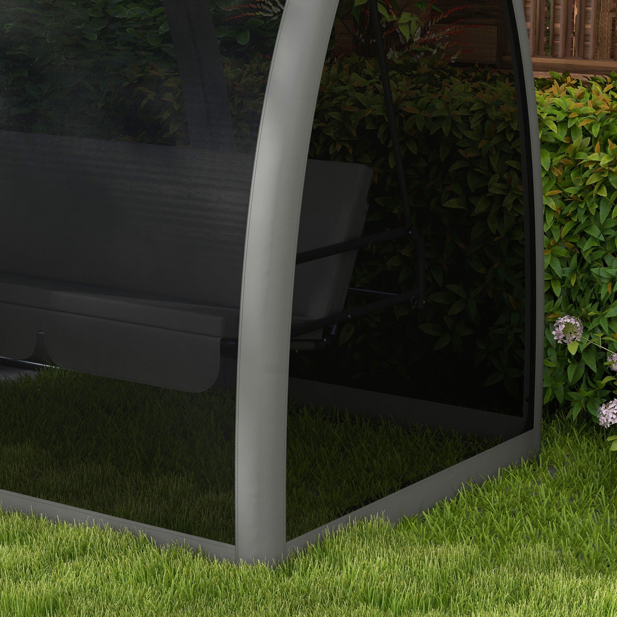 Outsunny 3-Seat Outdoor Swing Chair, Chaise Lounger Bed, Garden Hammock, Converting Flat Bed with Steel Stand, Canopy and Mesh Netting for Garden, Patio, Porch, Dark Grey