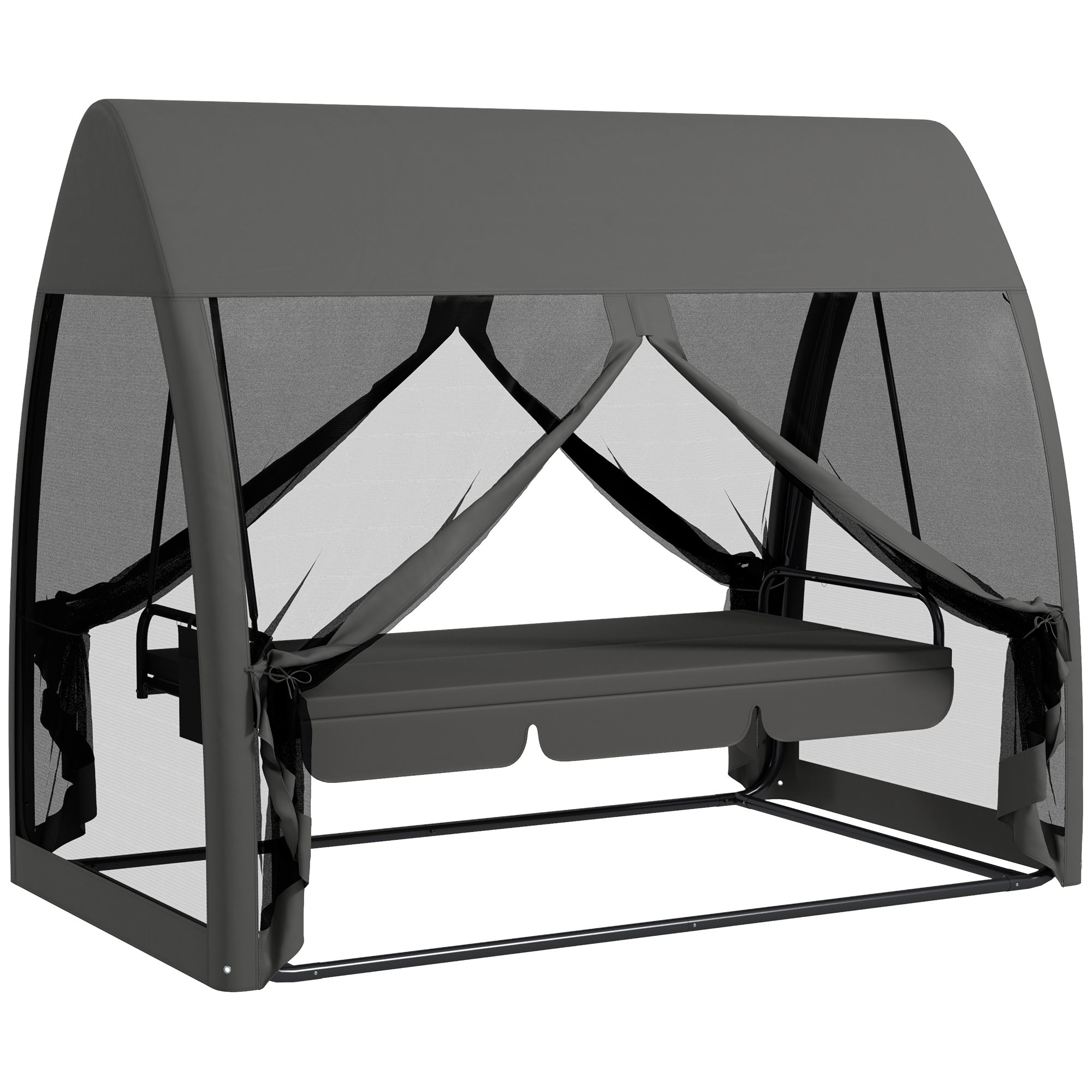 Outsunny 3-Seat Outdoor Swing Chair, Chaise Lounger Bed, Garden Hammock, Converting Flat Bed with Steel Stand, Canopy and Mesh Netting for Garden, Patio, Porch, Dark Grey