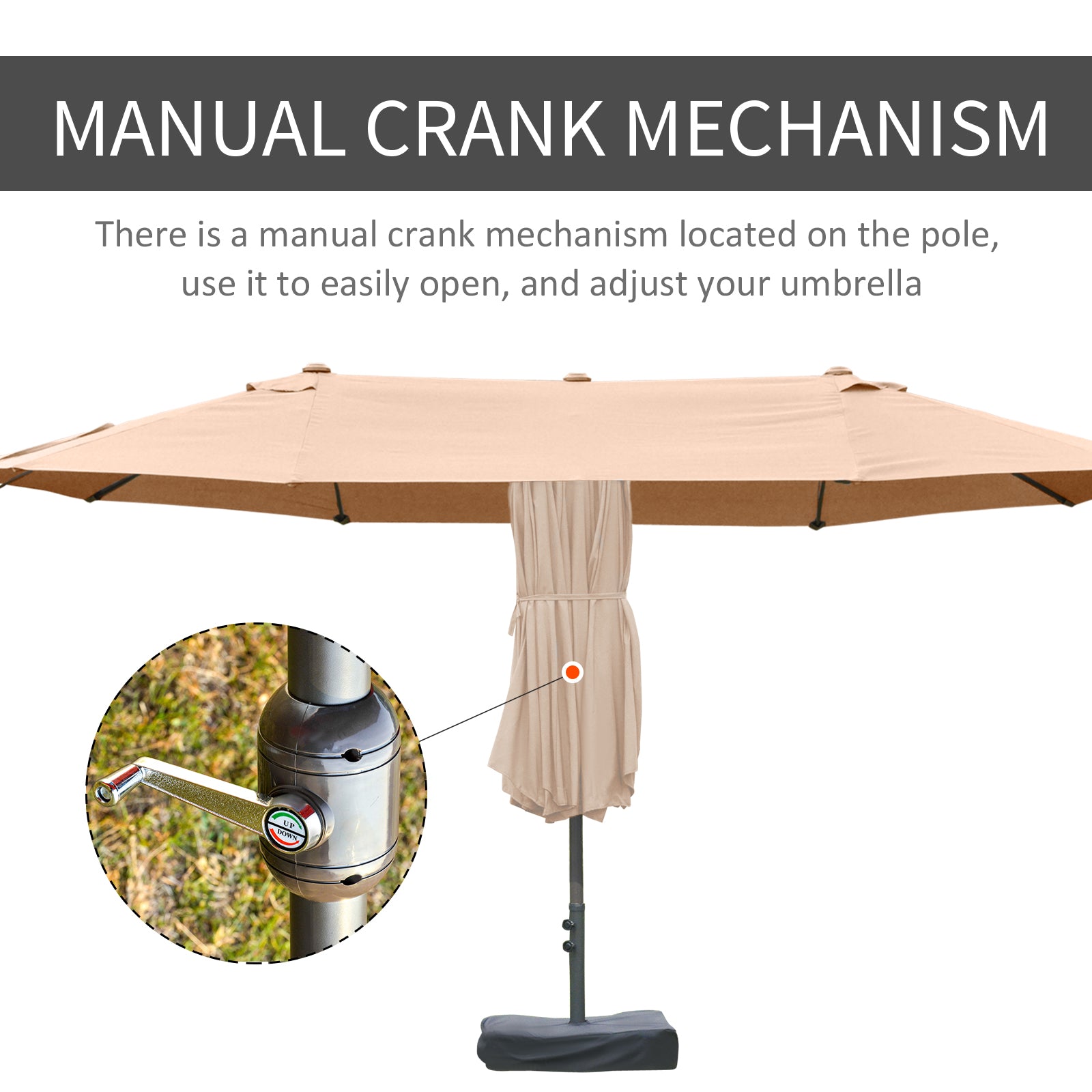 Outsunny 15' Outdoor Patio Umbrella with Twin Canopy Sunshade Steel Table Umbrella with Lift Crank, Cross base, Sandbag, Brown