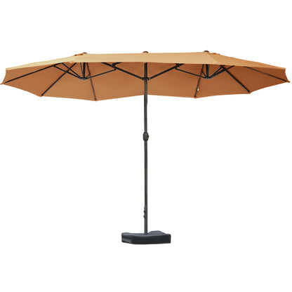 Outsunny 15' Outdoor Patio Umbrella with Twin Canopy Sunshade Steel Table Umbrella with Lift Crank, Cross base, Sandbag, Brown