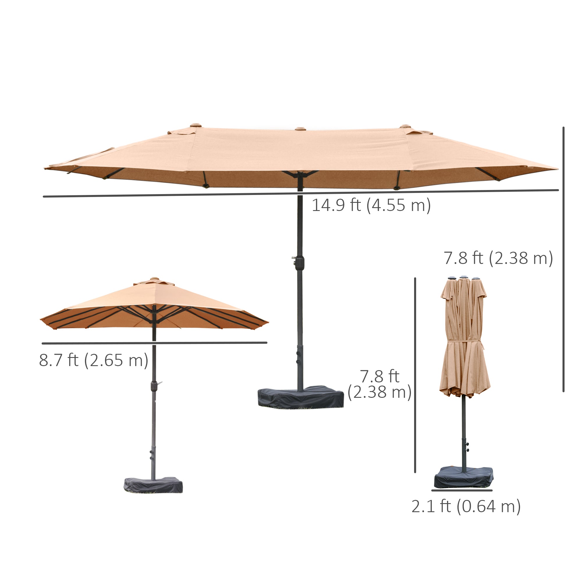 Outsunny 15' Outdoor Patio Umbrella with Twin Canopy Sunshade Steel Table Umbrella with Lift Crank, Cross base, Sandbag, Brown
