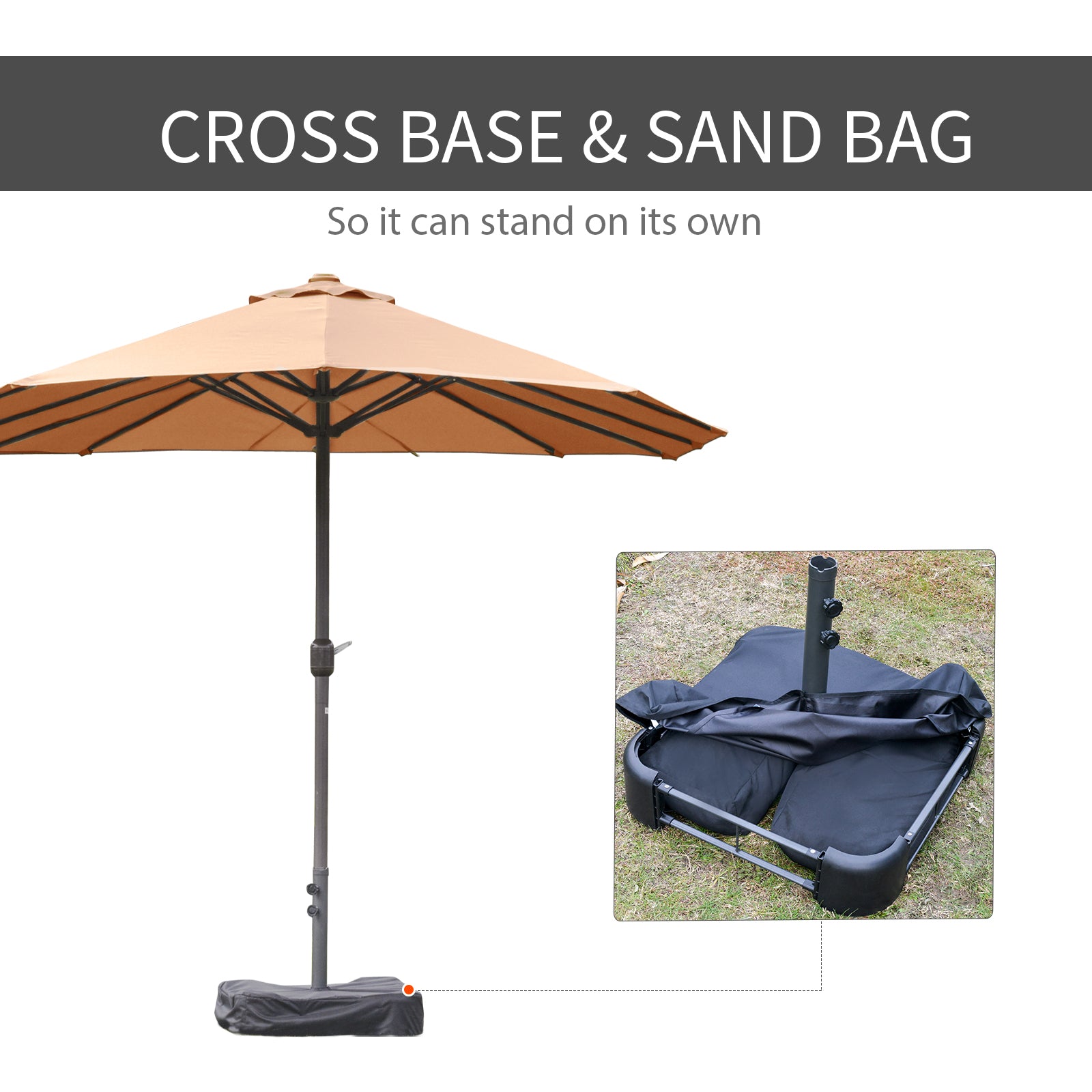 Outsunny 15' Outdoor Patio Umbrella with Twin Canopy Sunshade Steel Table Umbrella with Lift Crank, Cross base, Sandbag, Brown