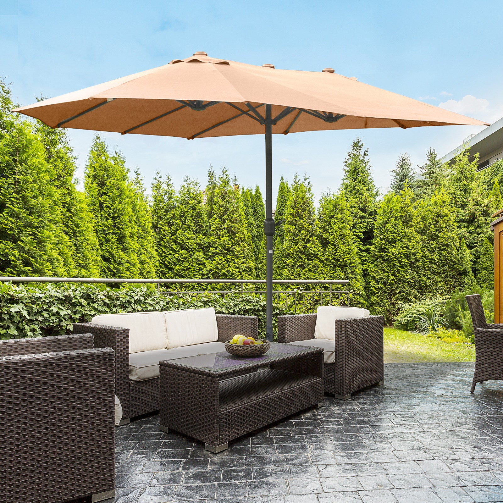 Outsunny 15' Outdoor Patio Umbrella with Twin Canopy Sunshade Steel Table Umbrella with Lift Crank, Cross base, Sandbag, Brown