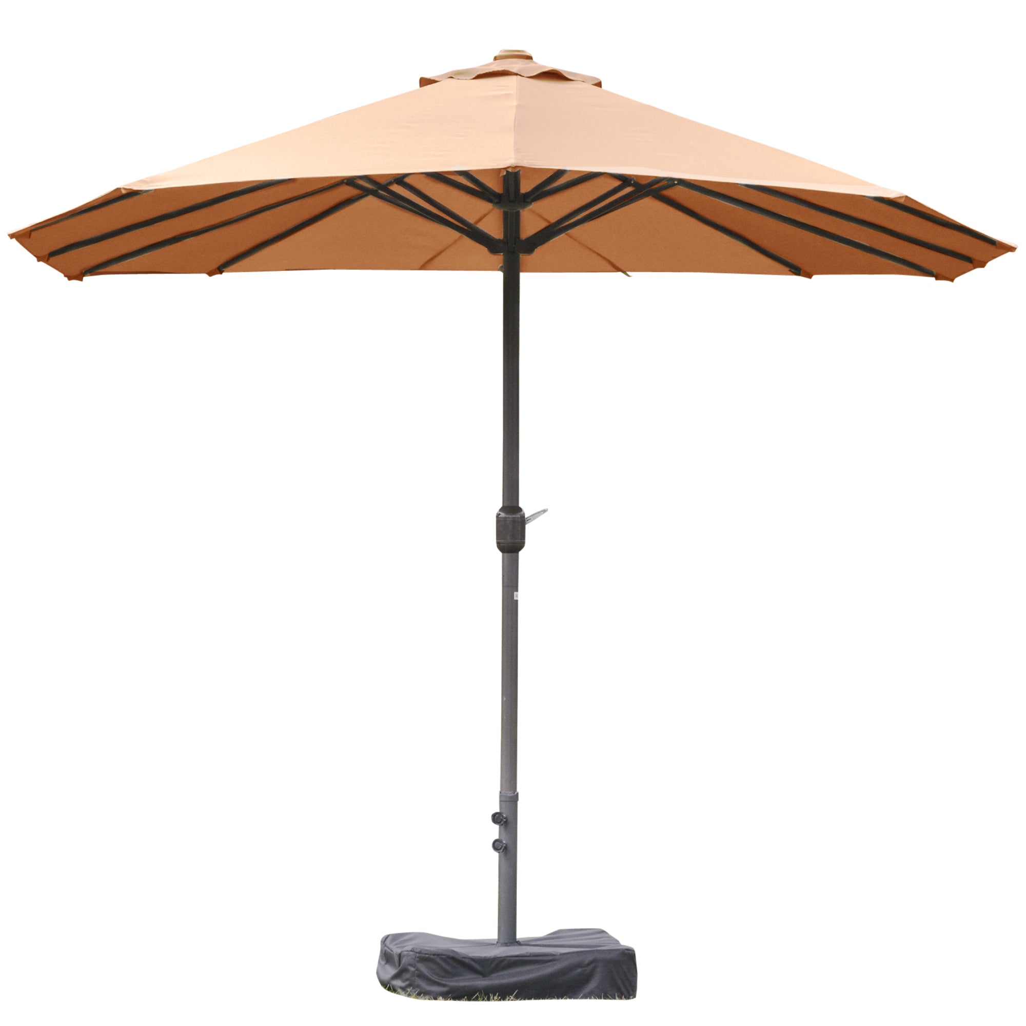 Outsunny 15' Outdoor Patio Umbrella with Twin Canopy Sunshade Steel Table Umbrella with Lift Crank, Cross base, Sandbag, Brown