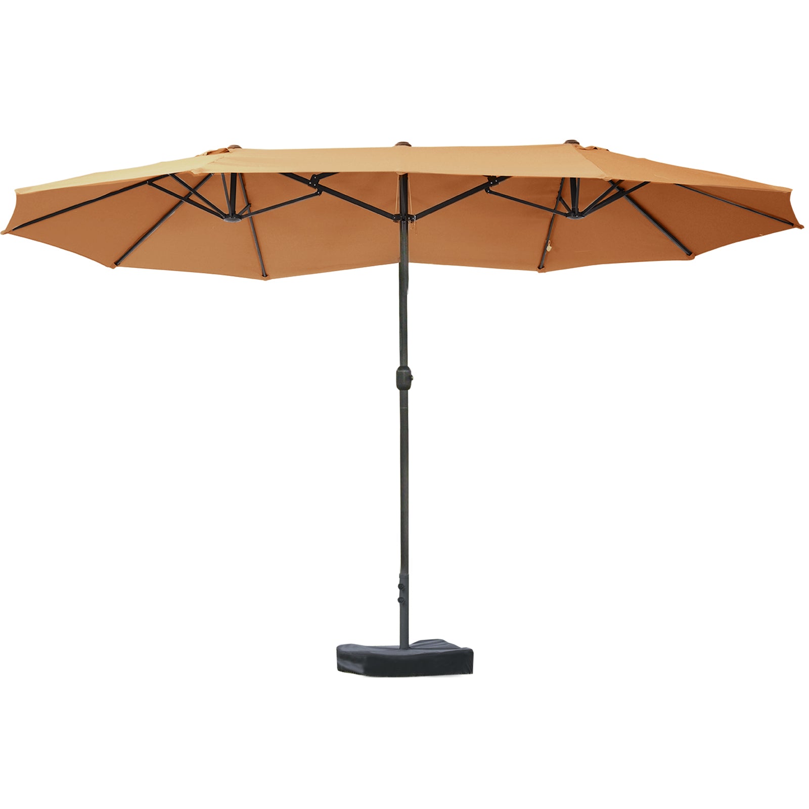 Outsunny 15' Outdoor Patio Umbrella with Twin Canopy Sunshade Steel Table Umbrella with Lift Crank, Cross base, Sandbag, Brown