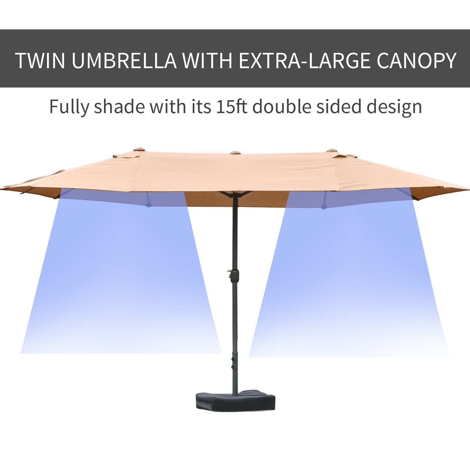 Outsunny 15' Outdoor Patio Umbrella with Twin Canopy Sunshade Steel Table Umbrella with Lift Crank, Cross base, Sandbag, Brown