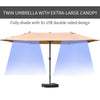 Outsunny 15' Outdoor Patio Umbrella with Twin Canopy Sunshade Steel Table Umbrella with Lift Crank, Cross base, Sandbag, Brown