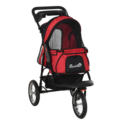 PawHut Folding Pet Stroller 3 Wheels Dog Cat Travel Buggy Jogger with Cup Holder, Adjustable Canopy, Zippered Mesh Window Door, Red