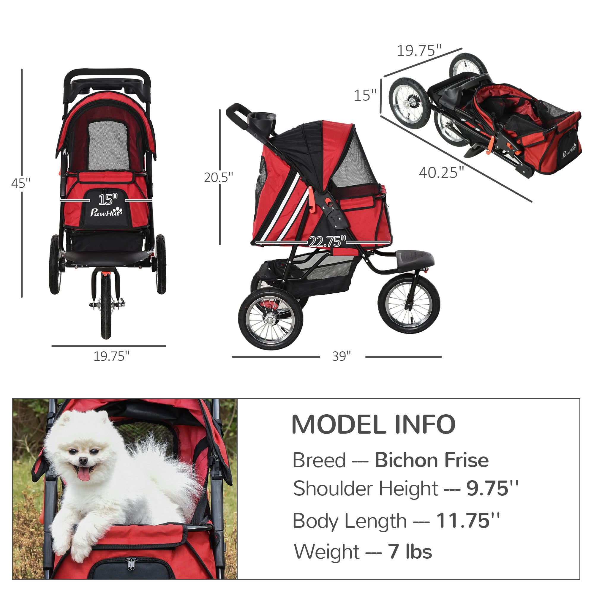 PawHut Folding Pet Stroller 3 Wheels Dog Cat Travel Buggy Jogger with Cup Holder, Adjustable Canopy, Zippered Mesh Window Door, Red