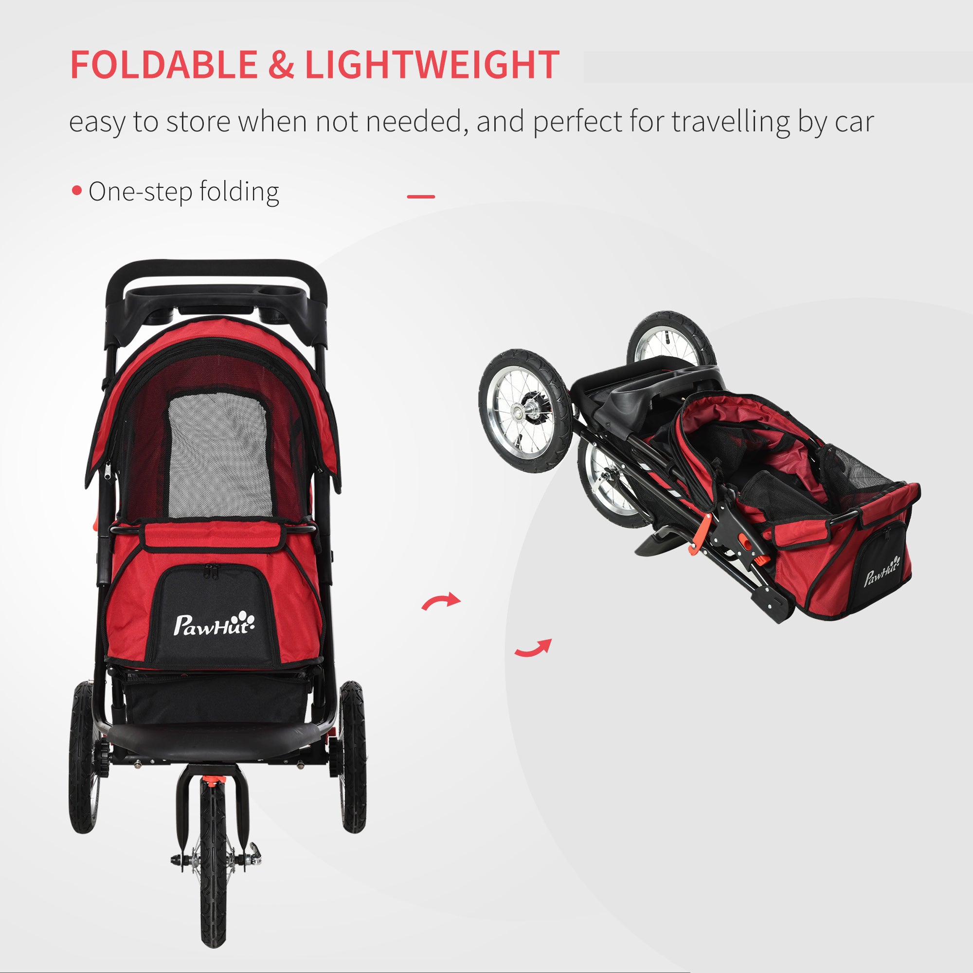 PawHut Folding Pet Stroller 3 Wheels Dog Cat Travel Buggy Jogger with Cup Holder, Adjustable Canopy, Zippered Mesh Window Door, Red