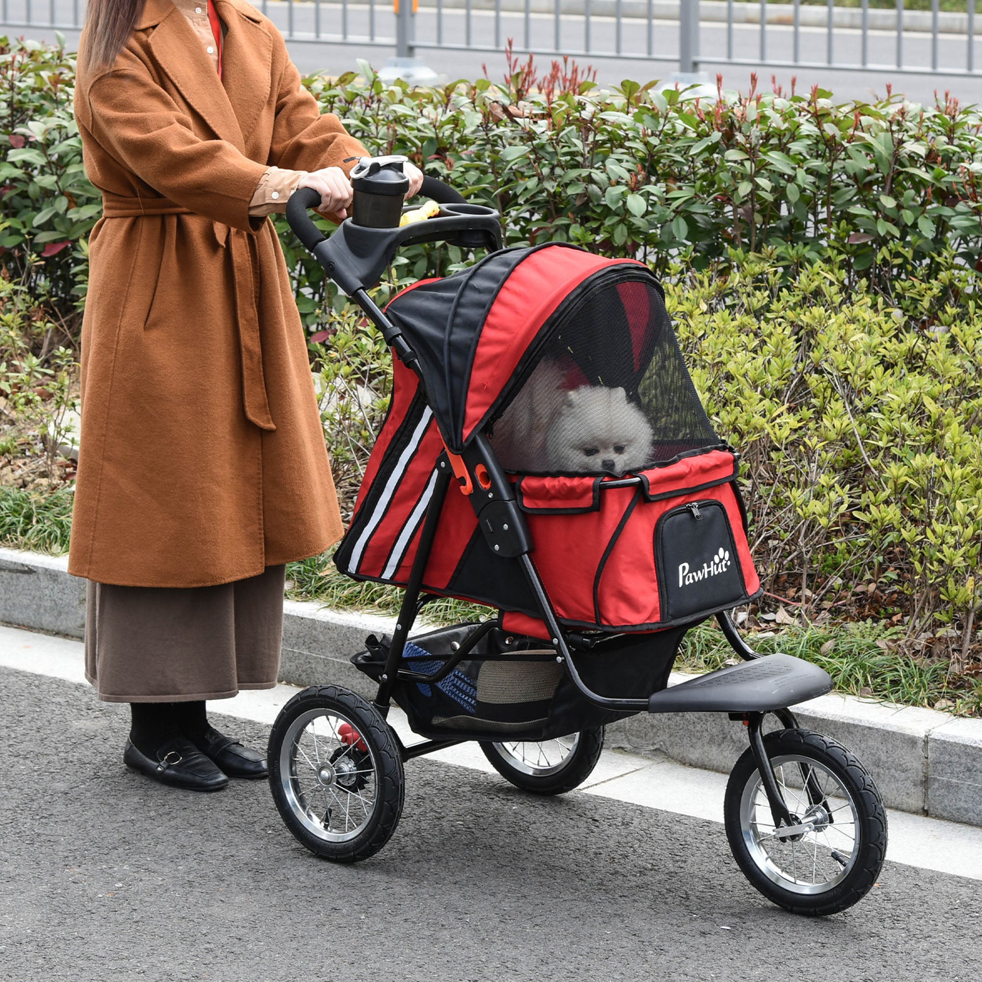 PawHut Folding Pet Stroller 3 Wheels Dog Cat Travel Buggy Jogger with Cup Holder, Adjustable Canopy, Zippered Mesh Window Door, Red