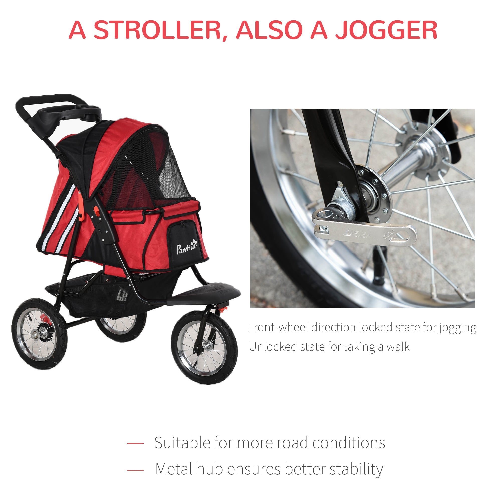 PawHut Folding Pet Stroller 3 Wheels Dog Cat Travel Buggy Jogger with Cup Holder, Adjustable Canopy, Zippered Mesh Window Door, Red