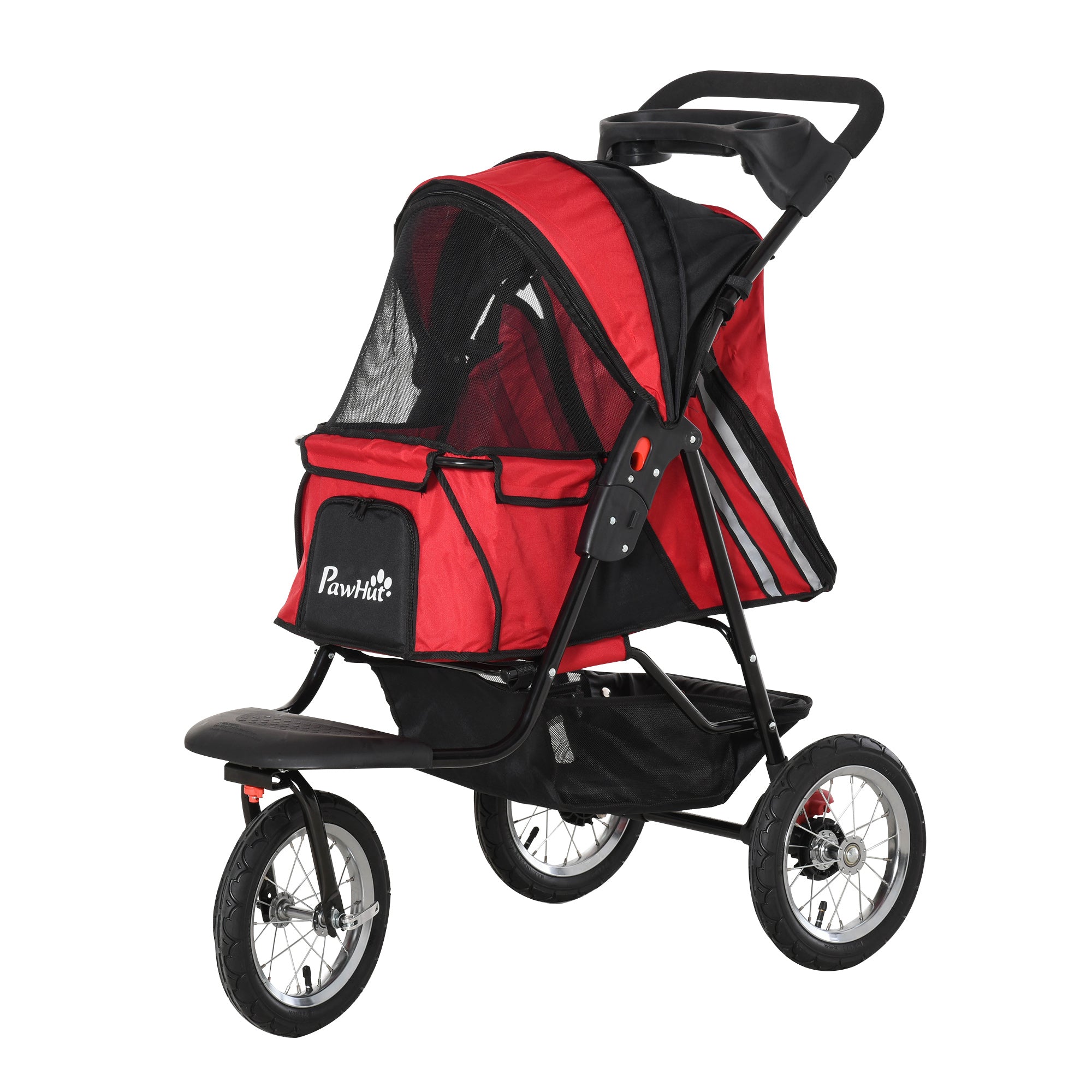 PawHut Folding Pet Stroller 3 Wheels Dog Cat Travel Buggy Jogger with Cup Holder, Adjustable Canopy, Zippered Mesh Window Door, Red