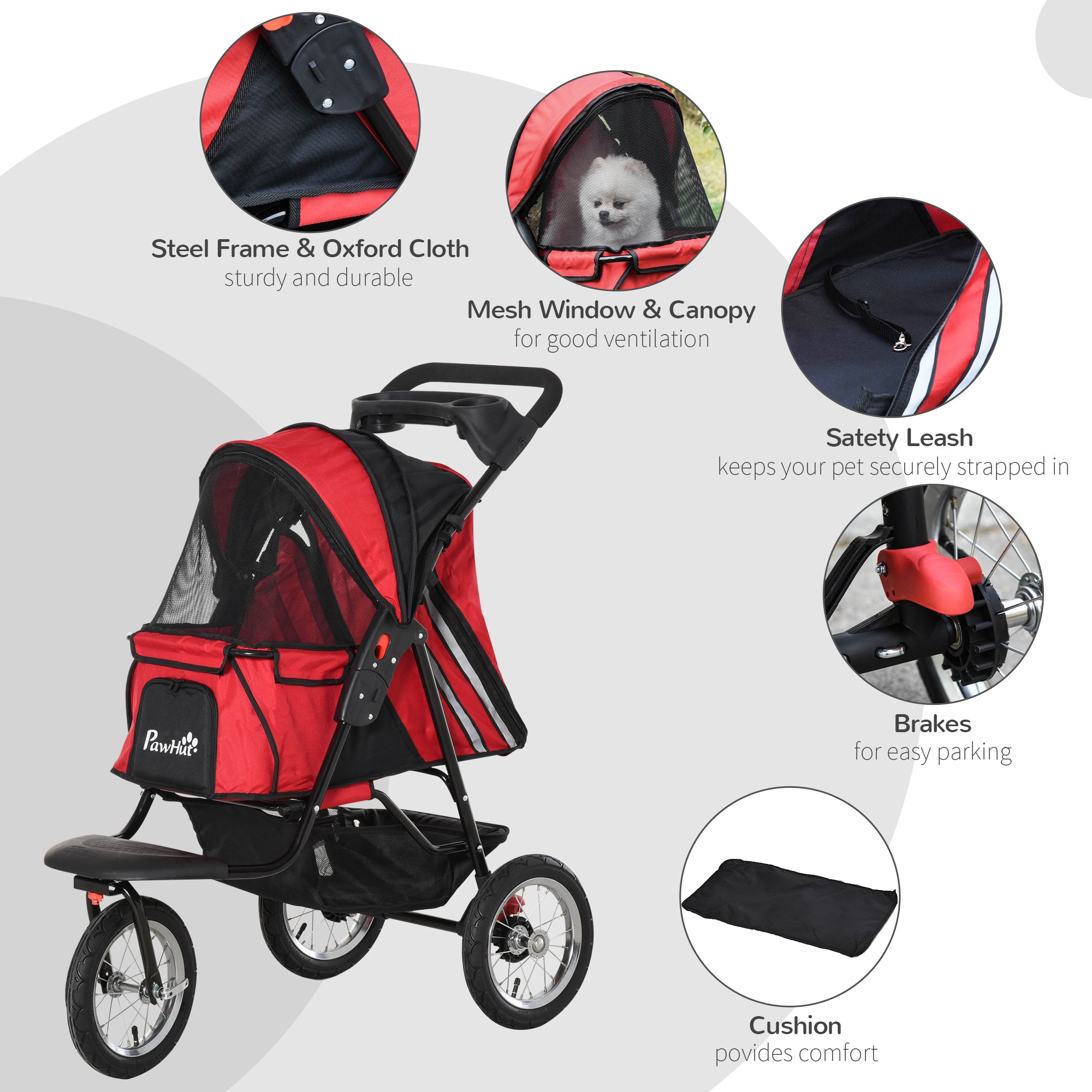 PawHut Folding Pet Stroller 3 Wheels Dog Cat Travel Buggy Jogger with Cup Holder, Adjustable Canopy, Zippered Mesh Window Door, Red