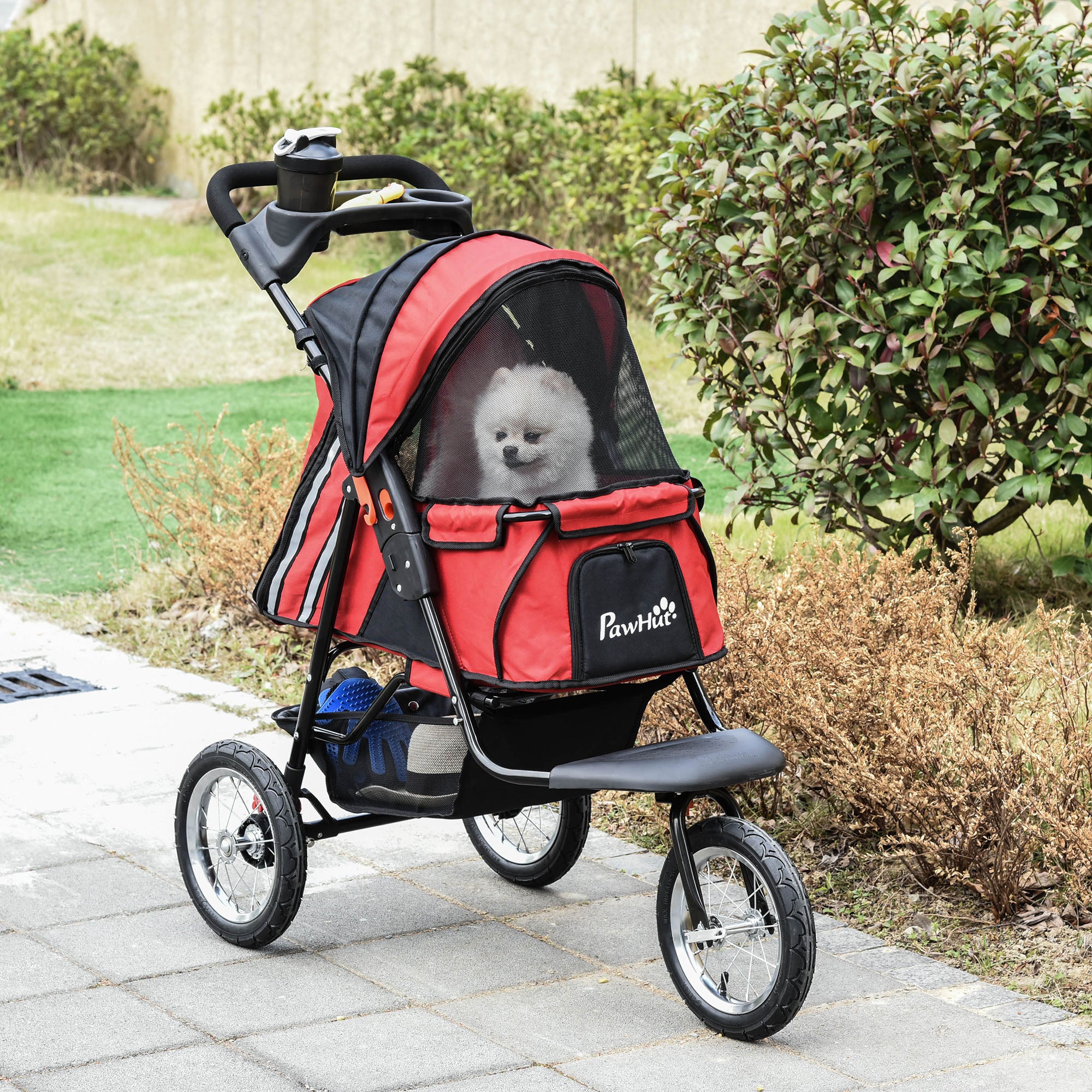 PawHut Folding Pet Stroller 3 Wheels Dog Cat Travel Buggy Jogger with Cup Holder, Adjustable Canopy, Zippered Mesh Window Door, Red
