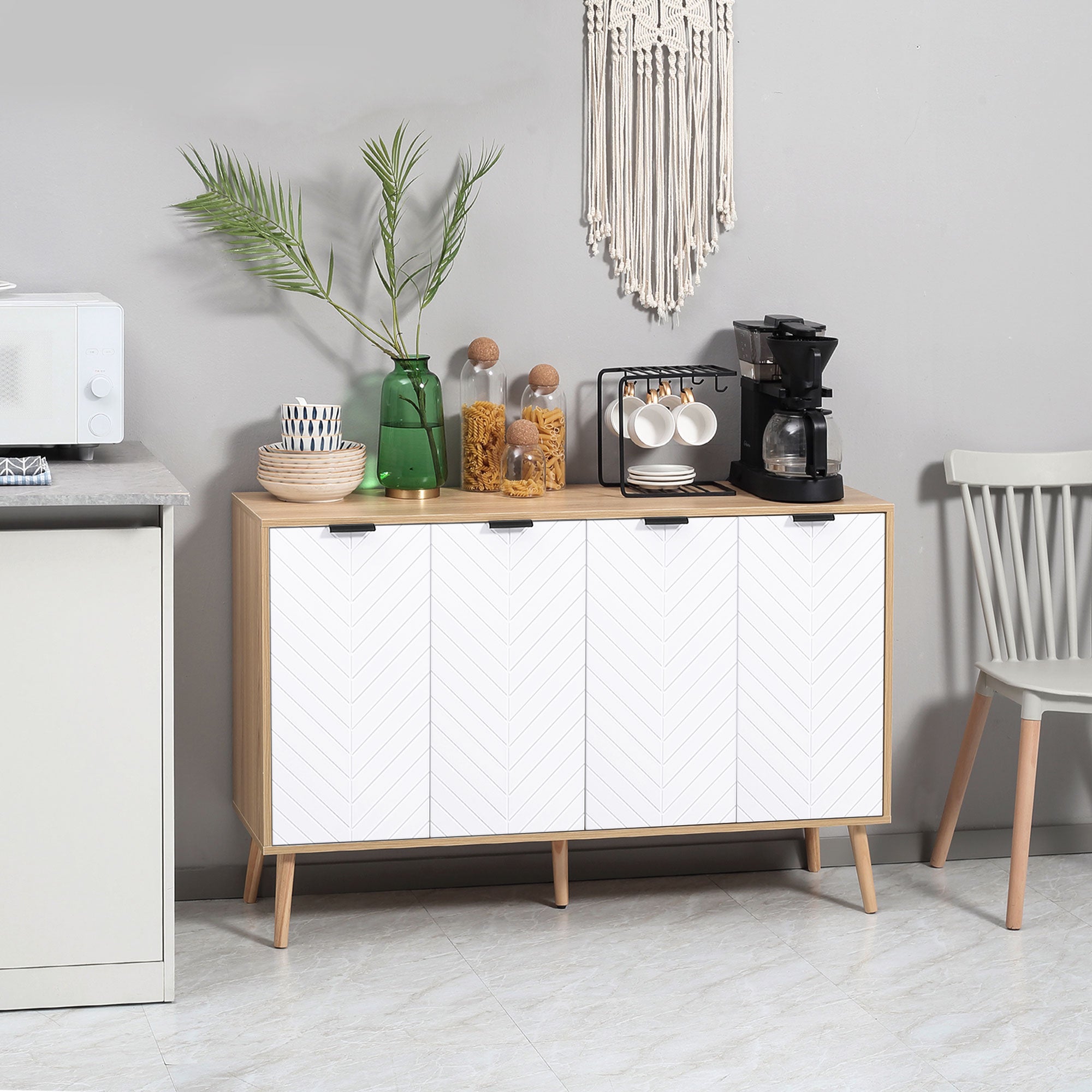 HOMCOM Kitchen Sideboard, Modern Storage Cabinet, Accent Cupboard with Adjustable Shelves, Natural