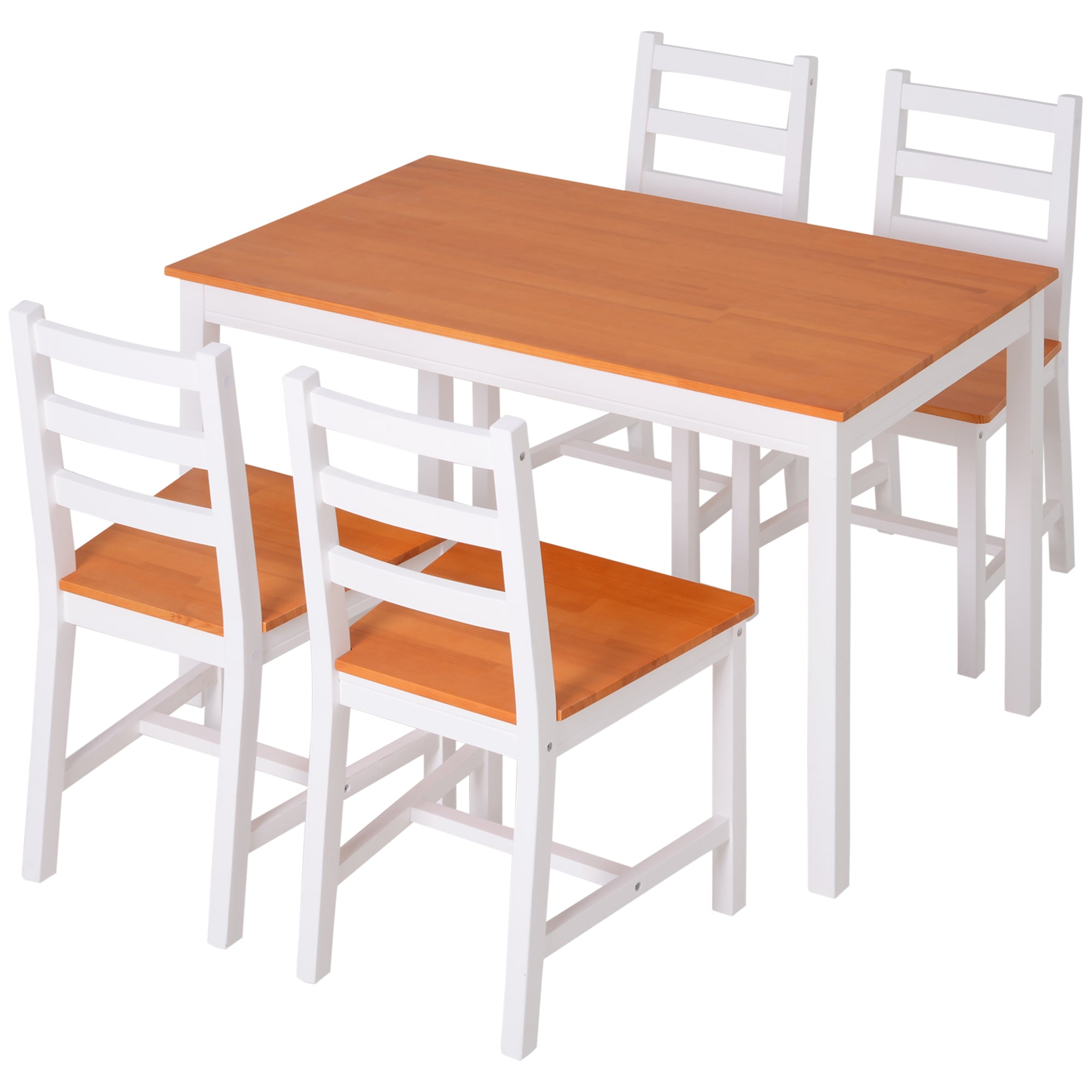 HOMCOM Dining Table Set for 4, 5 Piece Pine Wood Kitchen Table with High Back Chairs, Rectangular Table and 4 Armless Chair, White and Natural Wood