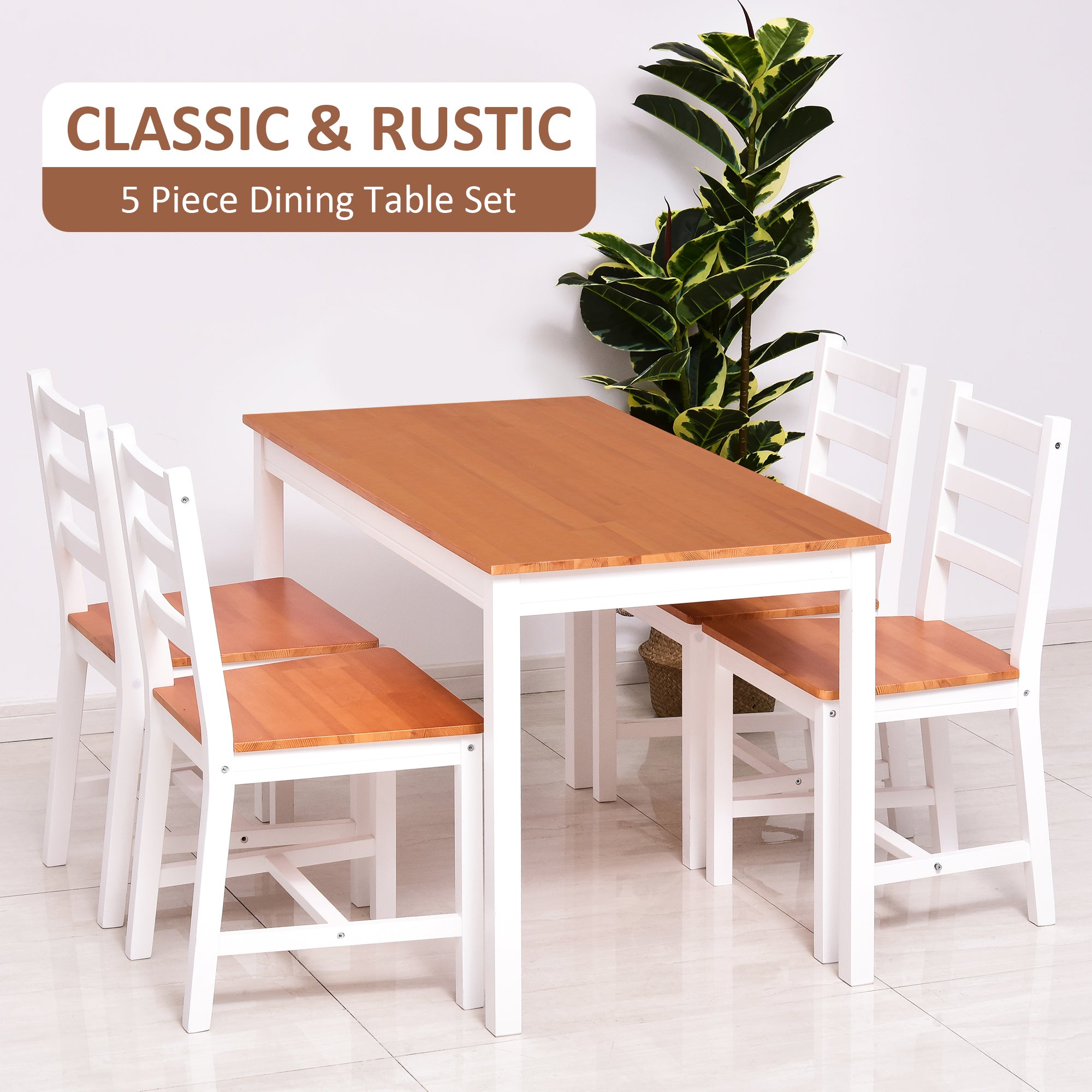 HOMCOM Dining Table Set for 4, 5 Piece Pine Wood Kitchen Table with High Back Chairs, Rectangular Table and 4 Armless Chair, White and Natural Wood