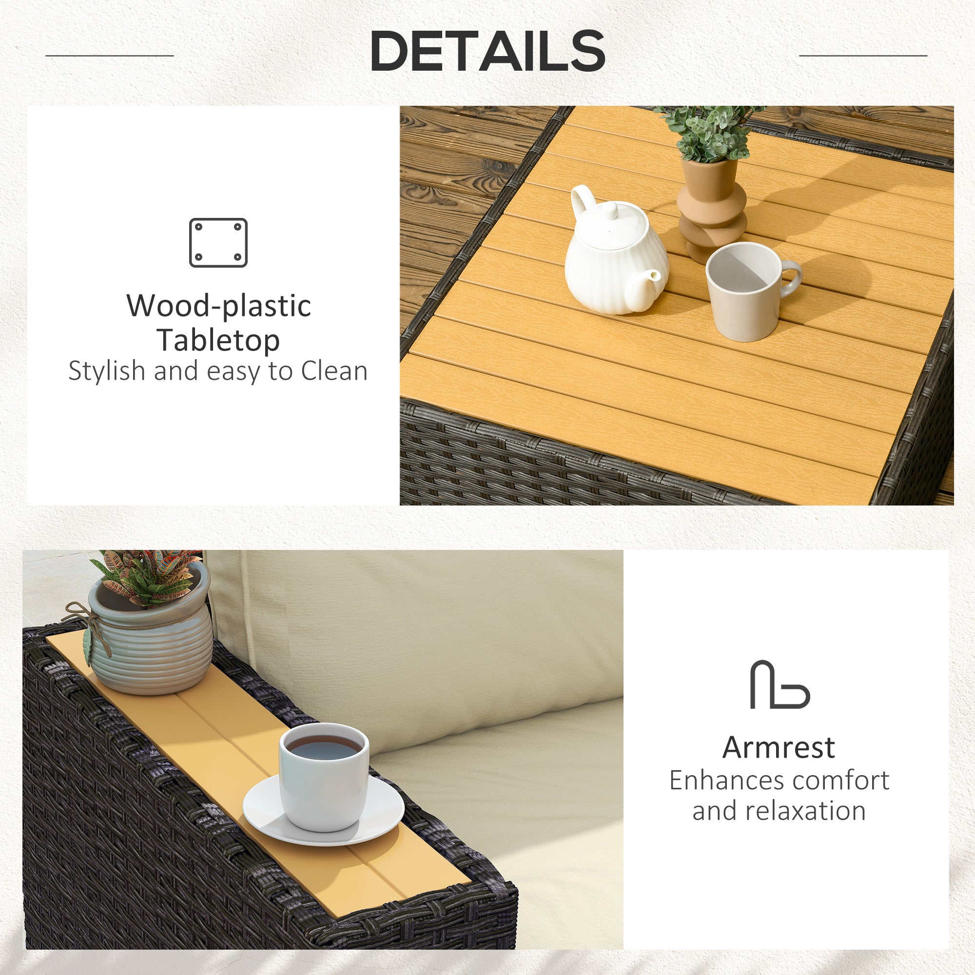 Outsunny 6 Pieces Rattan Patio Furniture Set, 5 Seater Sectional Outdoor Furniture with Wicker Corner Sofa and Wood-Plastic Coffee Table for Deck, Porch, Garden, Light Khaki