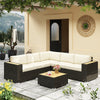 Outsunny 6 Pieces Rattan Patio Furniture Set, 5 Seater Sectional Outdoor Furniture with Wicker Corner Sofa and Wood-Plastic Coffee Table for Deck, Porch, Garden, Light Khaki