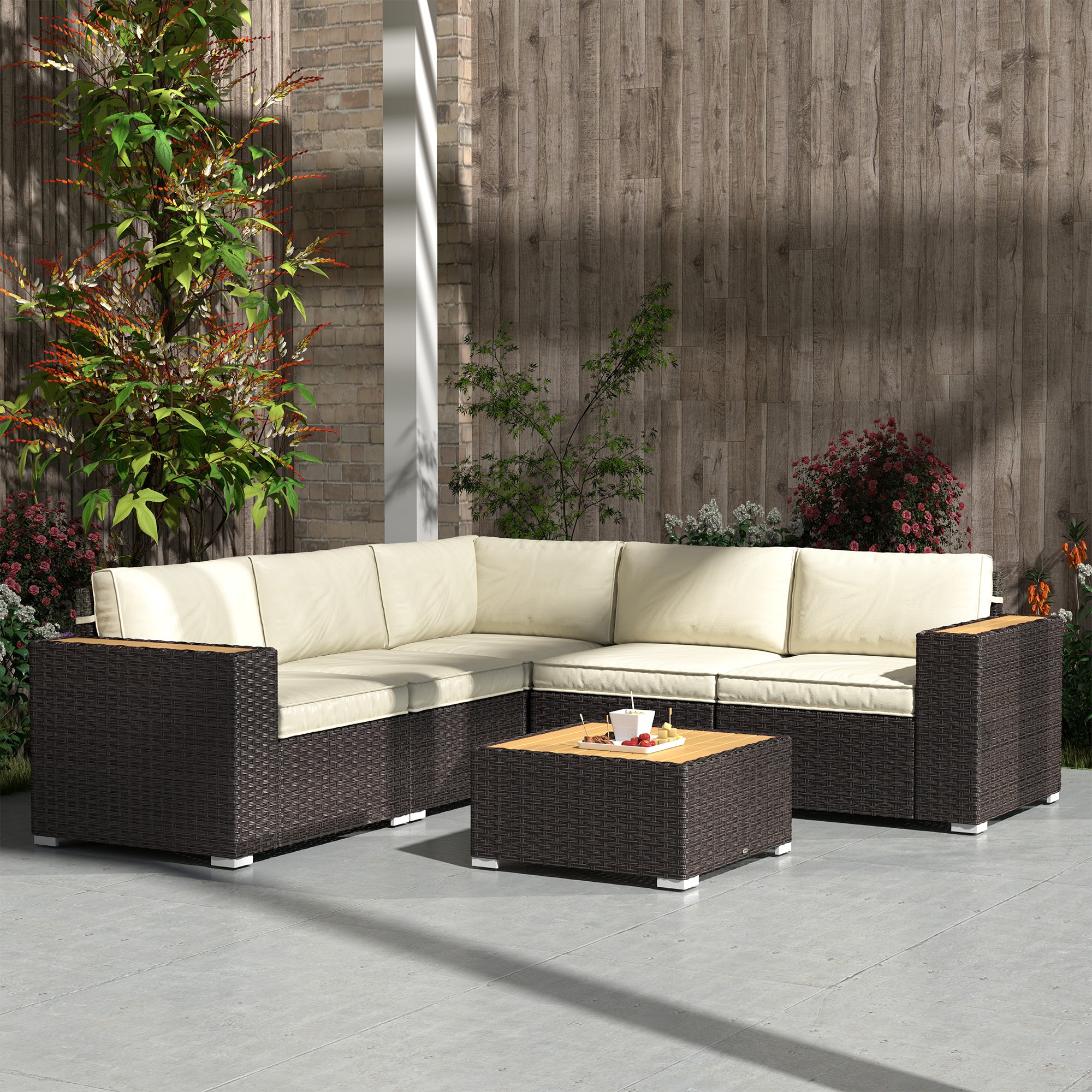 Outsunny 6 Pieces Rattan Patio Furniture Set, 5 Seater Sectional Outdoor Furniture with Wicker Corner Sofa and Wood-Plastic Coffee Table for Deck, Porch, Garden, Light Khaki