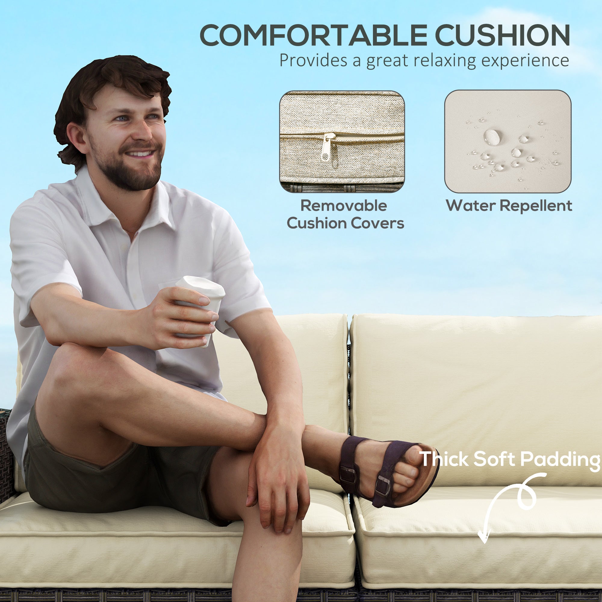 Outsunny 6 Pieces Rattan Patio Furniture Set, 5 Seater Sectional Outdoor Furniture with Wicker Corner Sofa and Wood-Plastic Coffee Table for Deck, Porch, Garden, Light Khaki