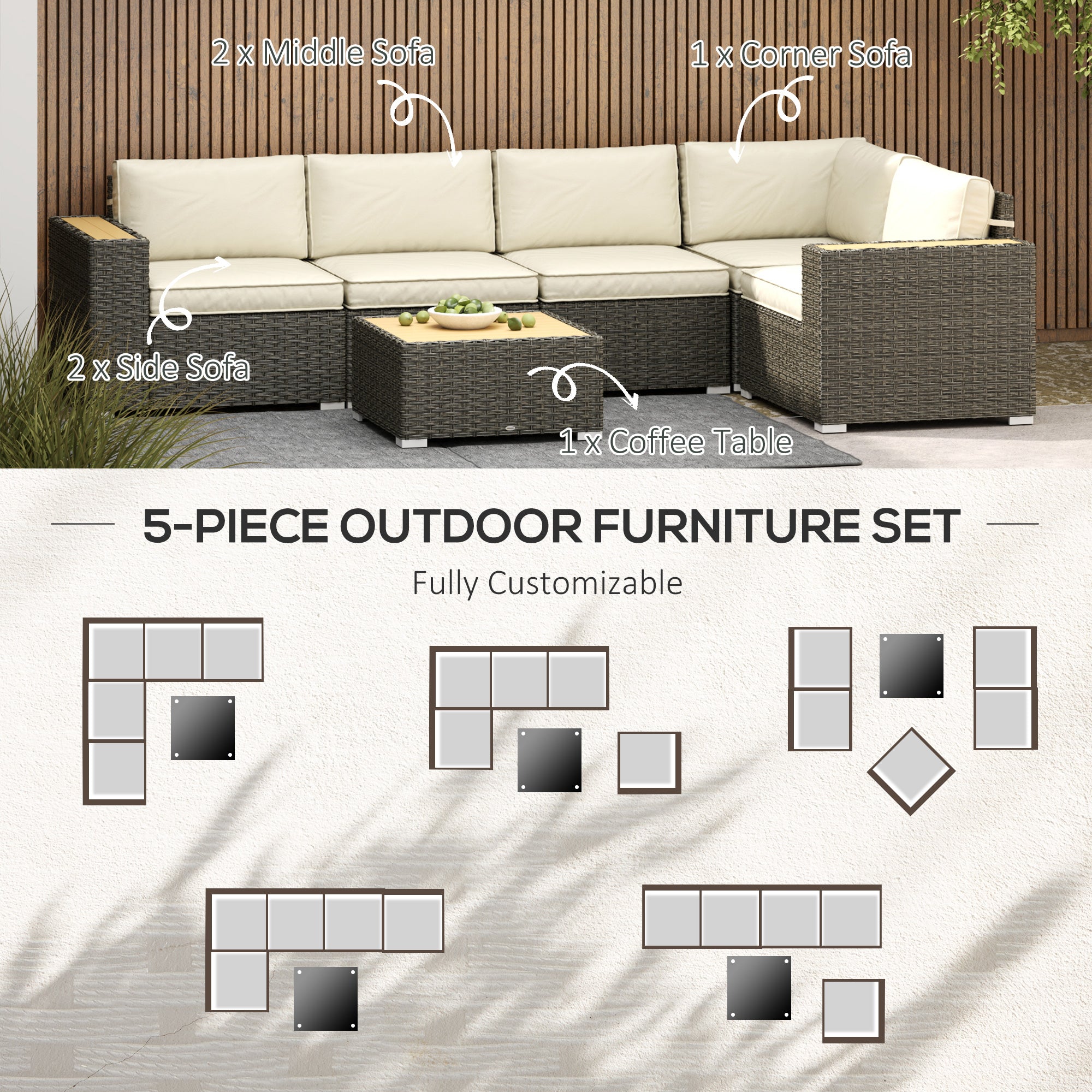 Outsunny 6 Pieces Rattan Patio Furniture Set, 5 Seater Sectional Outdoor Furniture with Wicker Corner Sofa and Wood-Plastic Coffee Table for Deck, Porch, Garden, Light Khaki