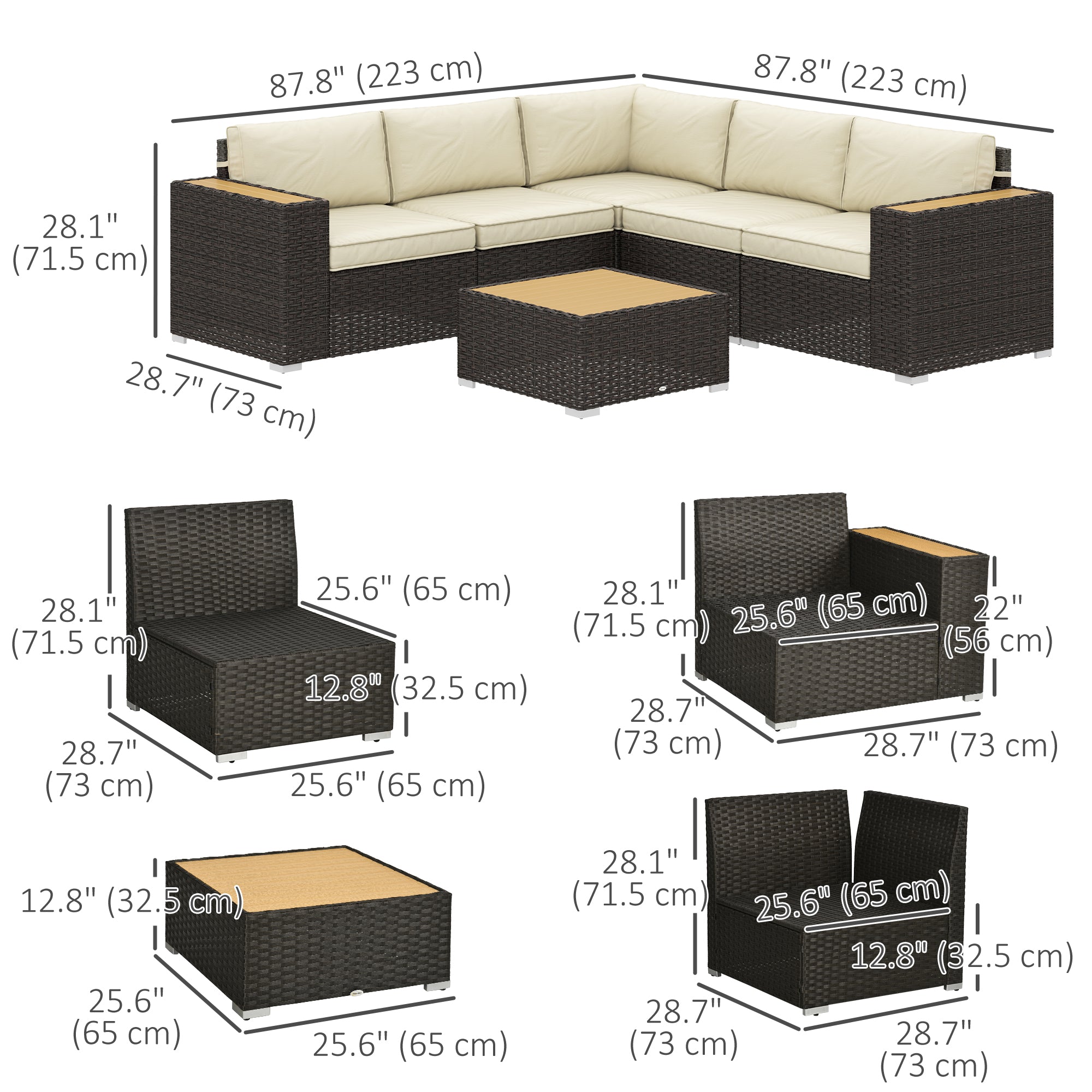Outsunny 6 Pieces Rattan Patio Furniture Set, 5 Seater Sectional Outdoor Furniture with Wicker Corner Sofa and Wood-Plastic Coffee Table for Deck, Porch, Garden, Light Khaki