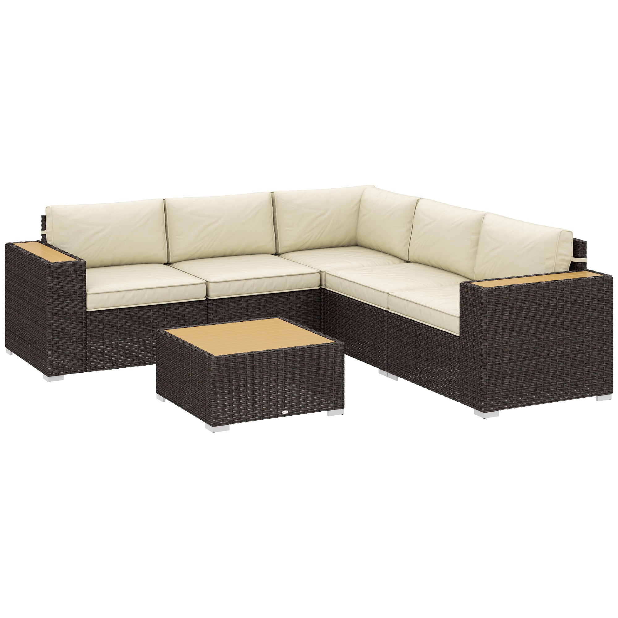 Outsunny 6 Pieces Rattan Patio Furniture Set, 5 Seater Sectional Outdoor Furniture with Wicker Corner Sofa and Wood-Plastic Coffee Table for Deck, Porch, Garden, Light Khaki