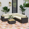 Outsunny 6 Pieces Rattan Patio Furniture Set, 5 Seater Sectional Outdoor Furniture with Wicker Corner Sofa and Wood-Plastic Coffee Table for Deck, Porch, Garden, Light Khaki