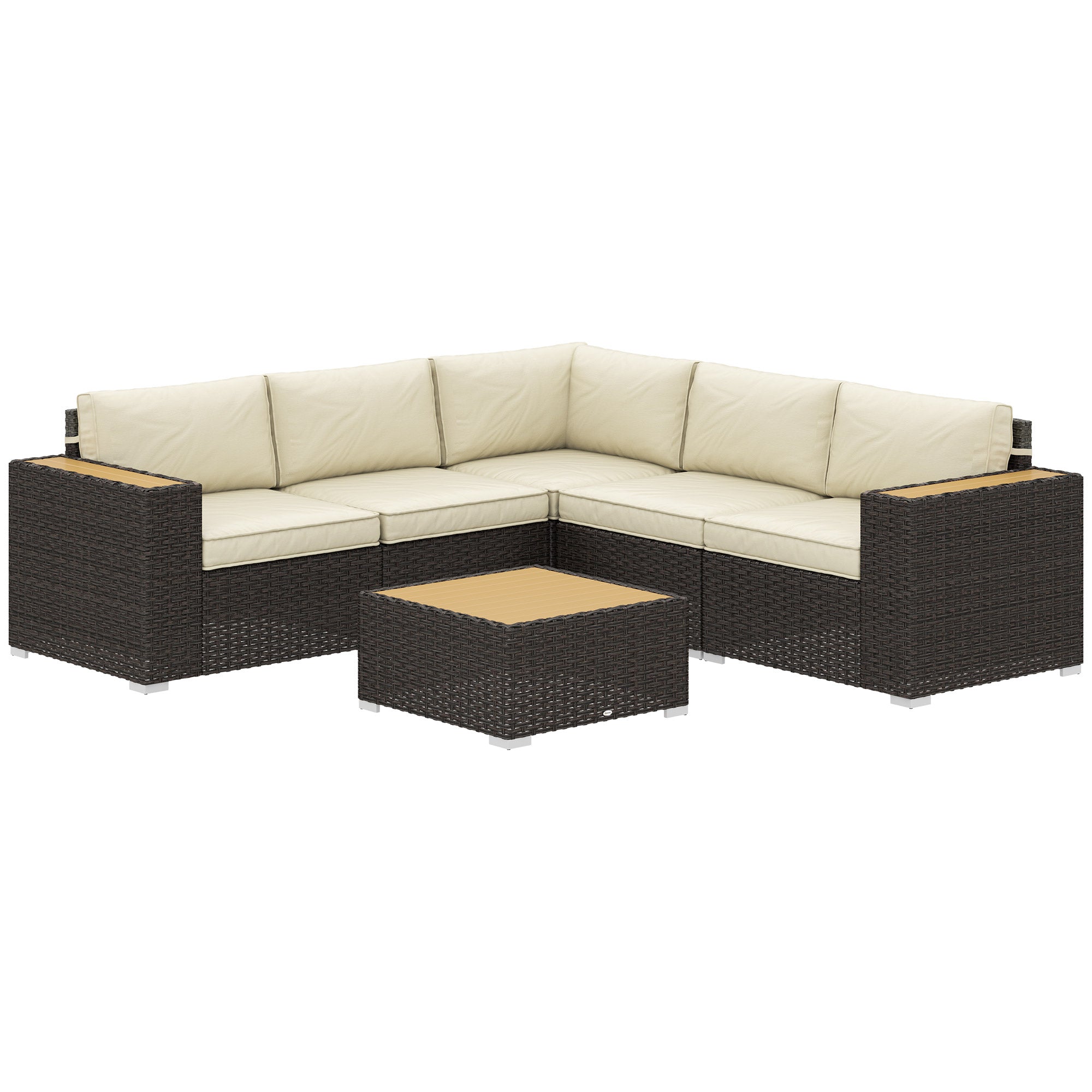 Outsunny 6 Pieces Rattan Patio Furniture Set, 5 Seater Sectional Outdoor Furniture with Wicker Corner Sofa and Wood-Plastic Coffee Table for Deck, Porch, Garden, Light Khaki