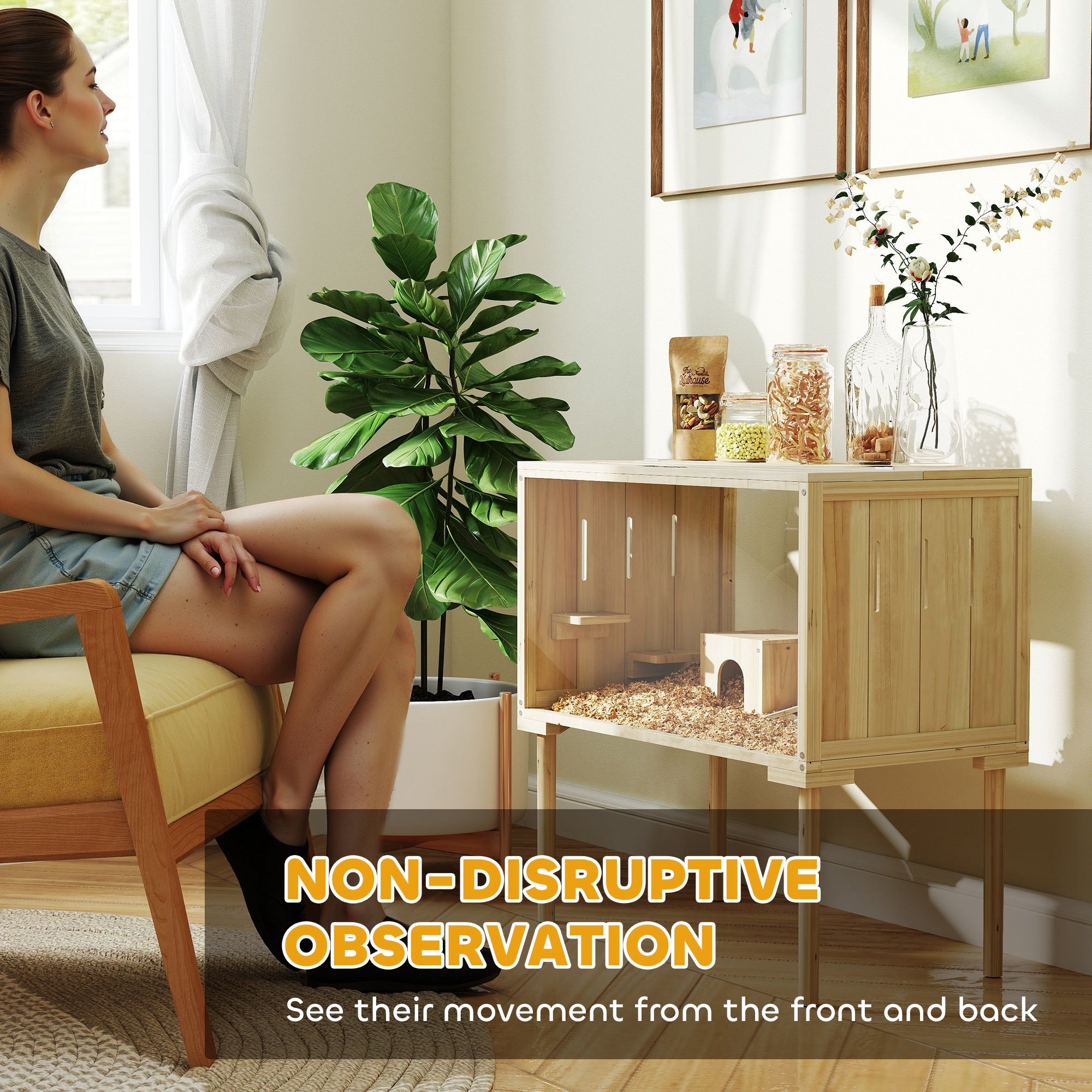 PawHut Large Hamster Cage, 28"Length Wooden Hamster Cage for Syrian, Dwarf, Gerbil, Hamster Habitat with Seesaw, Water Bottle, Food Dish, Hut, Transparent Panel for Easy Observe