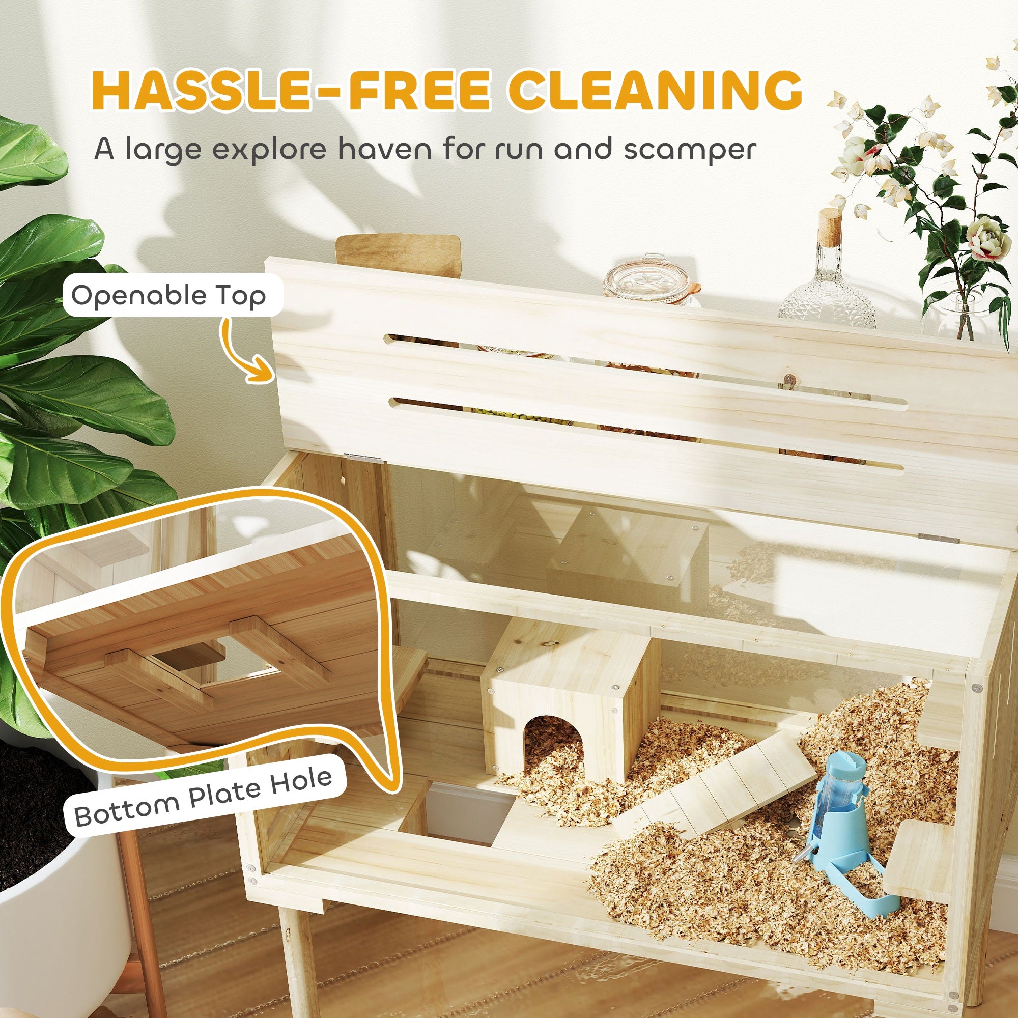 PawHut Large Hamster Cage, 28"Length Wooden Hamster Cage for Syrian, Dwarf, Gerbil, Hamster Habitat with Seesaw, Water Bottle, Food Dish, Hut, Transparent Panel for Easy Observe