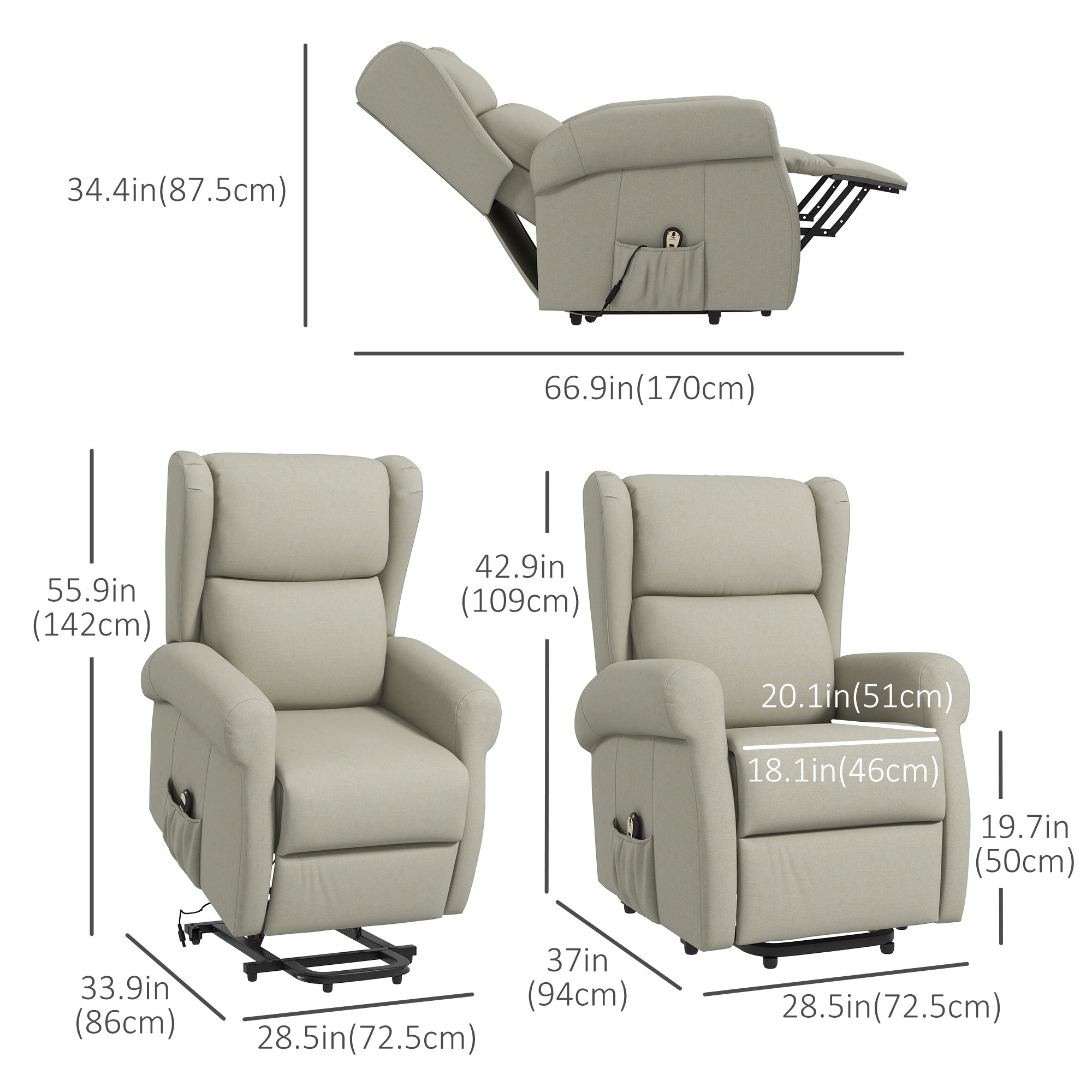 HOMCOM Power Lift Recliner Chair for Elderly, Linen Electric Reclining Chair with Footrest, Remote Control, Side Pockets, Cream White