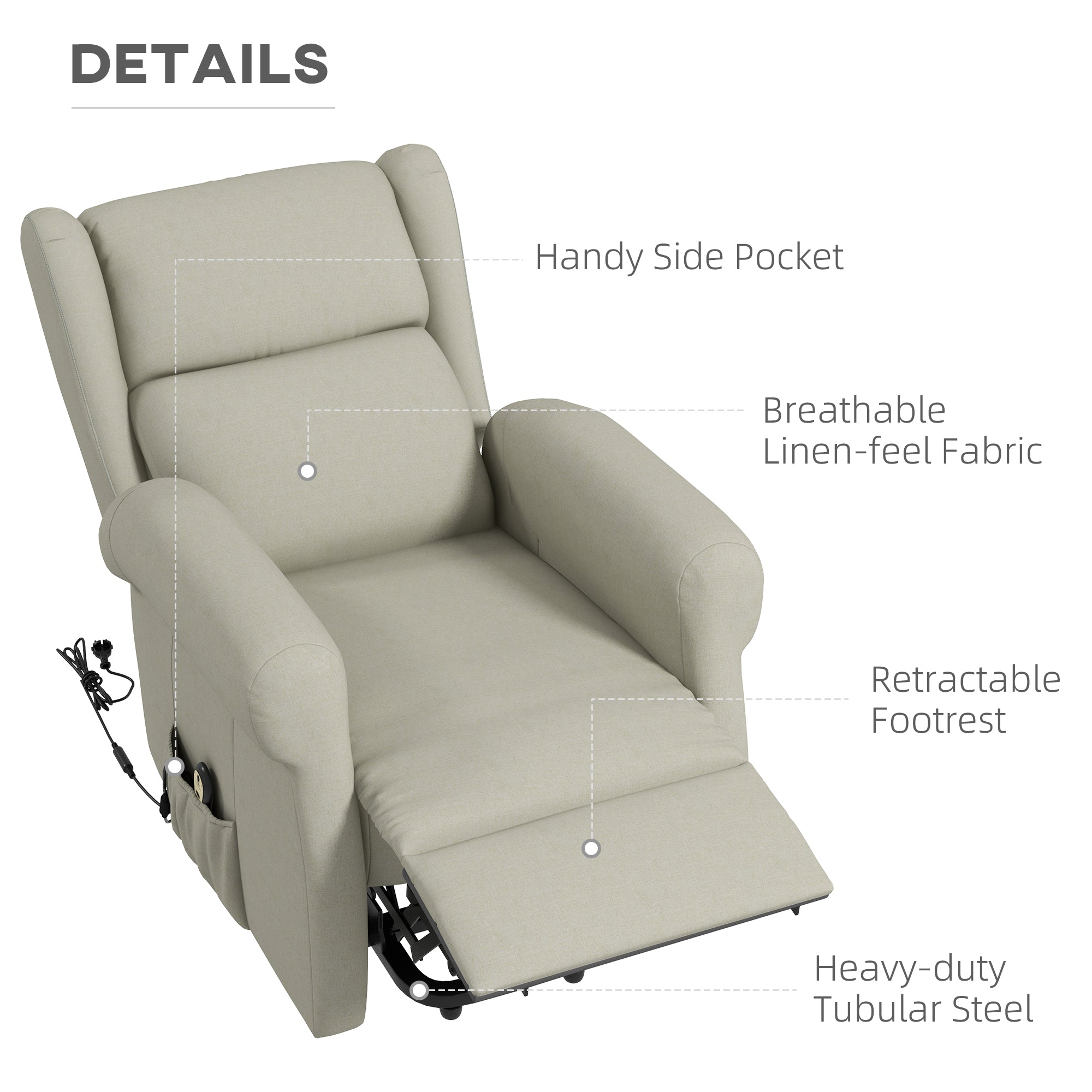 HOMCOM Power Lift Recliner Chair for Elderly, Linen Electric Reclining Chair with Footrest, Remote Control, Side Pockets, Cream White