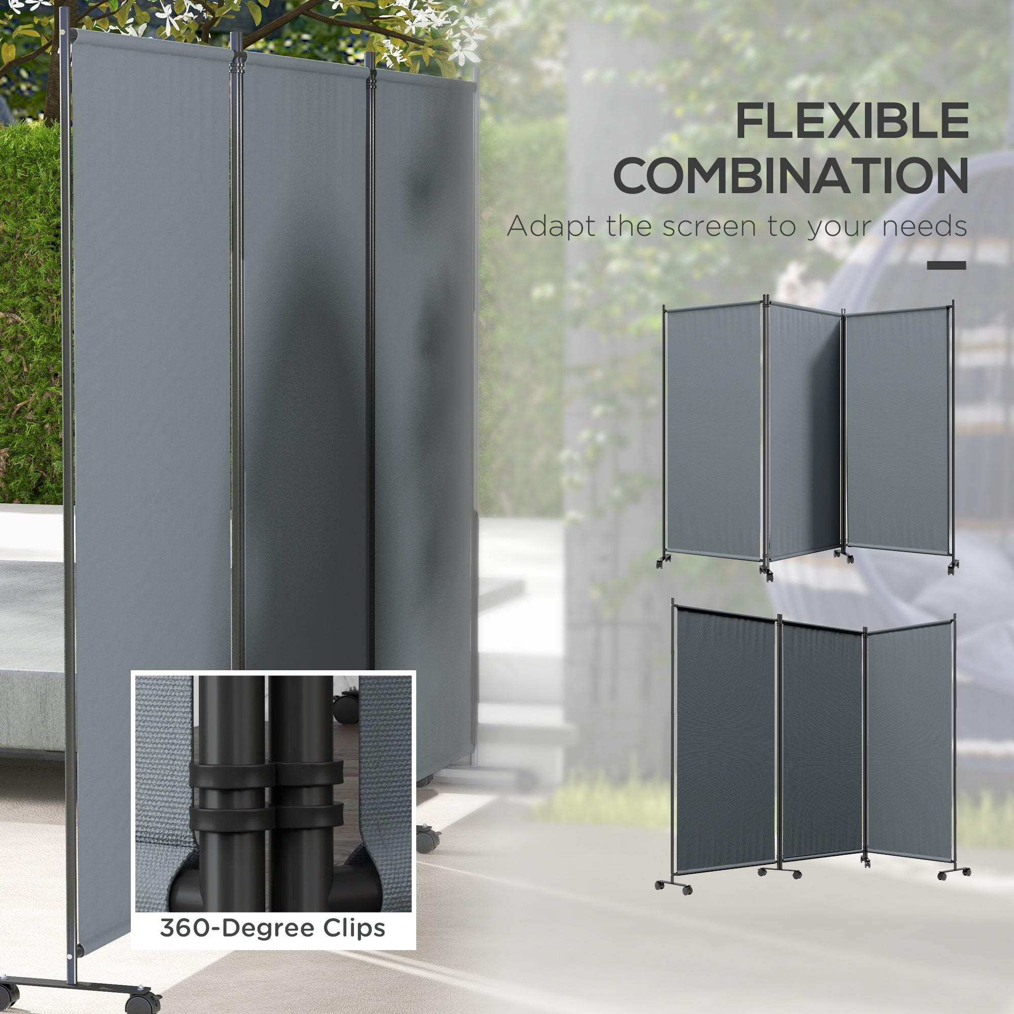 Outsunny 3 Panel Folding Room Divider with Lockable Wheels, 6ft Rolling Privacy Screen, Portable Freestanding Privacy Panel for Garden Backyard Deck Pool Hot Tub, Dark Grey