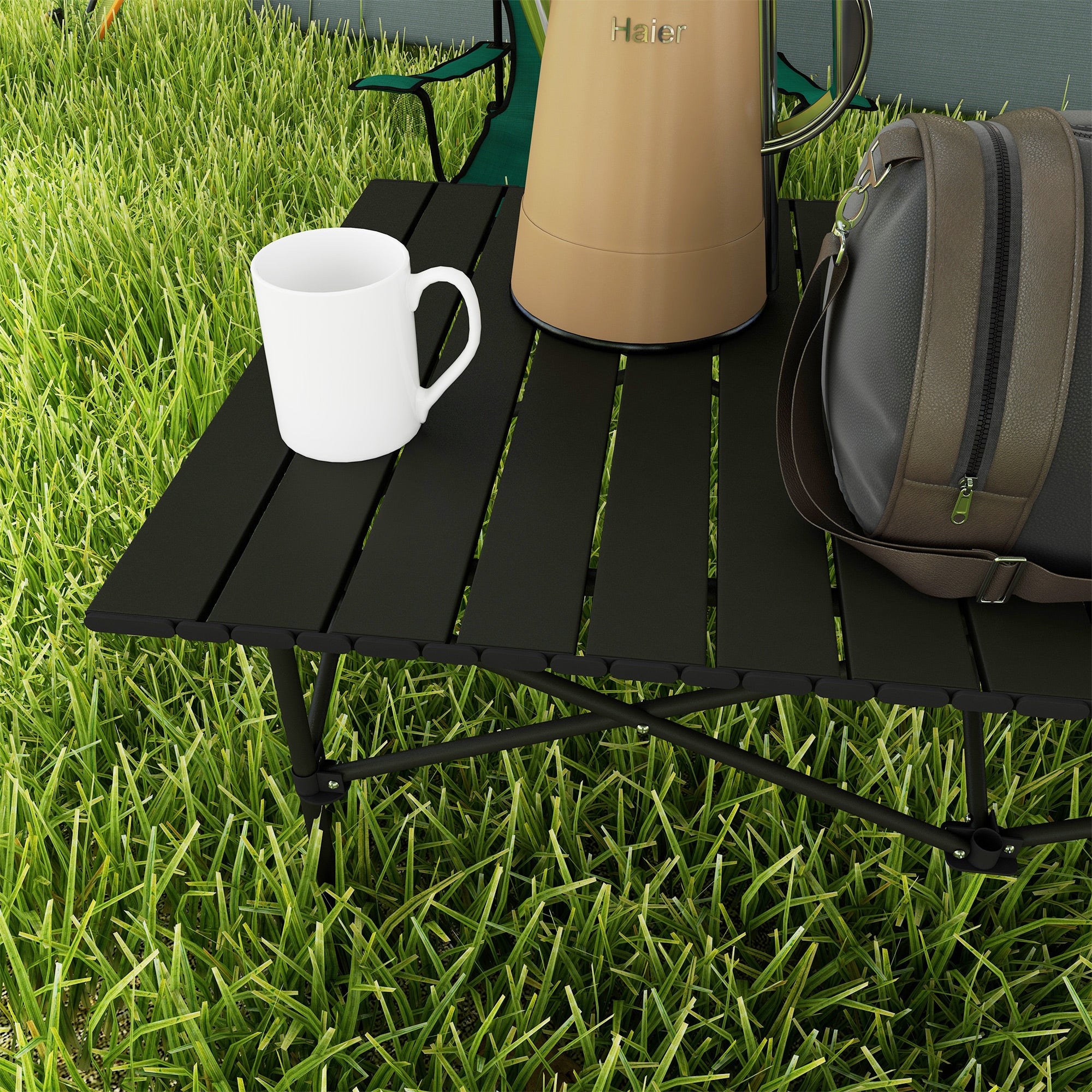 Outsunny Folding Camping Table with Roll up Top and Carry Bag, Portable Picnic Table for Camping, Picnic, Hiking, Beach, BBQ, Black