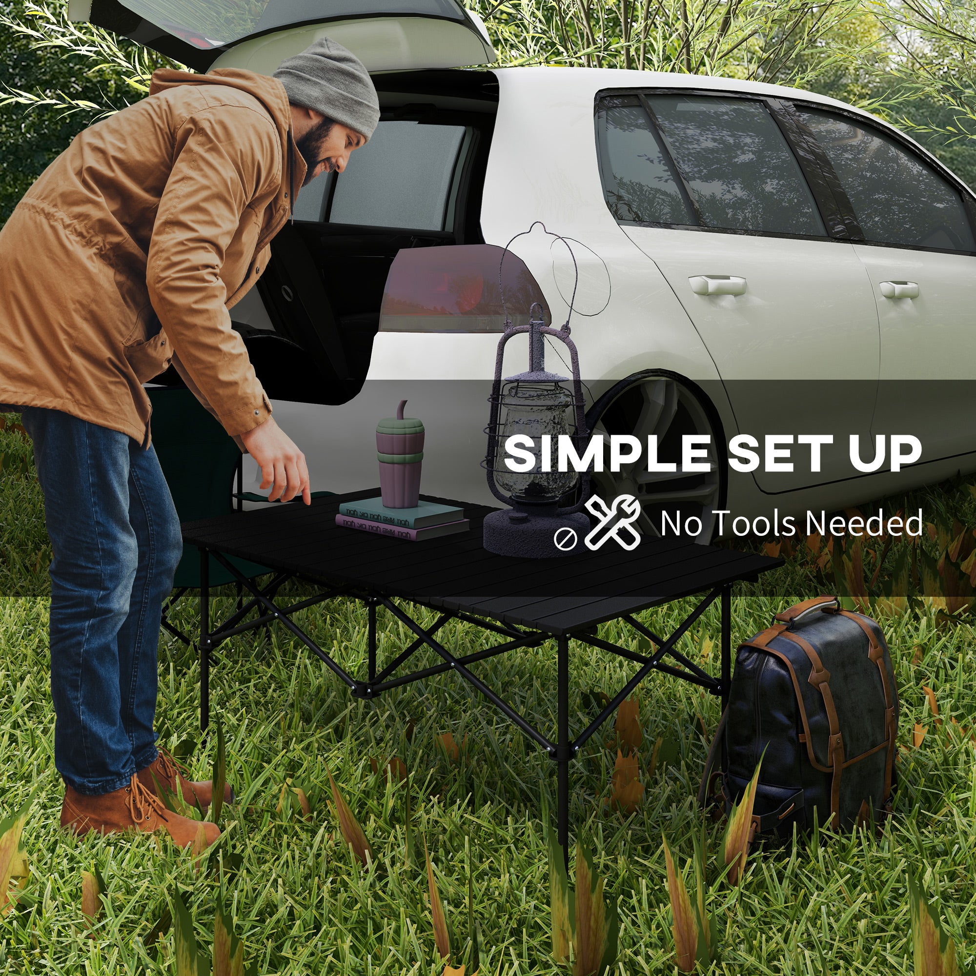 Outsunny Folding Camping Table with Roll up Top and Carry Bag, Portable Picnic Table for Camping, Picnic, Hiking, Beach, BBQ, Black