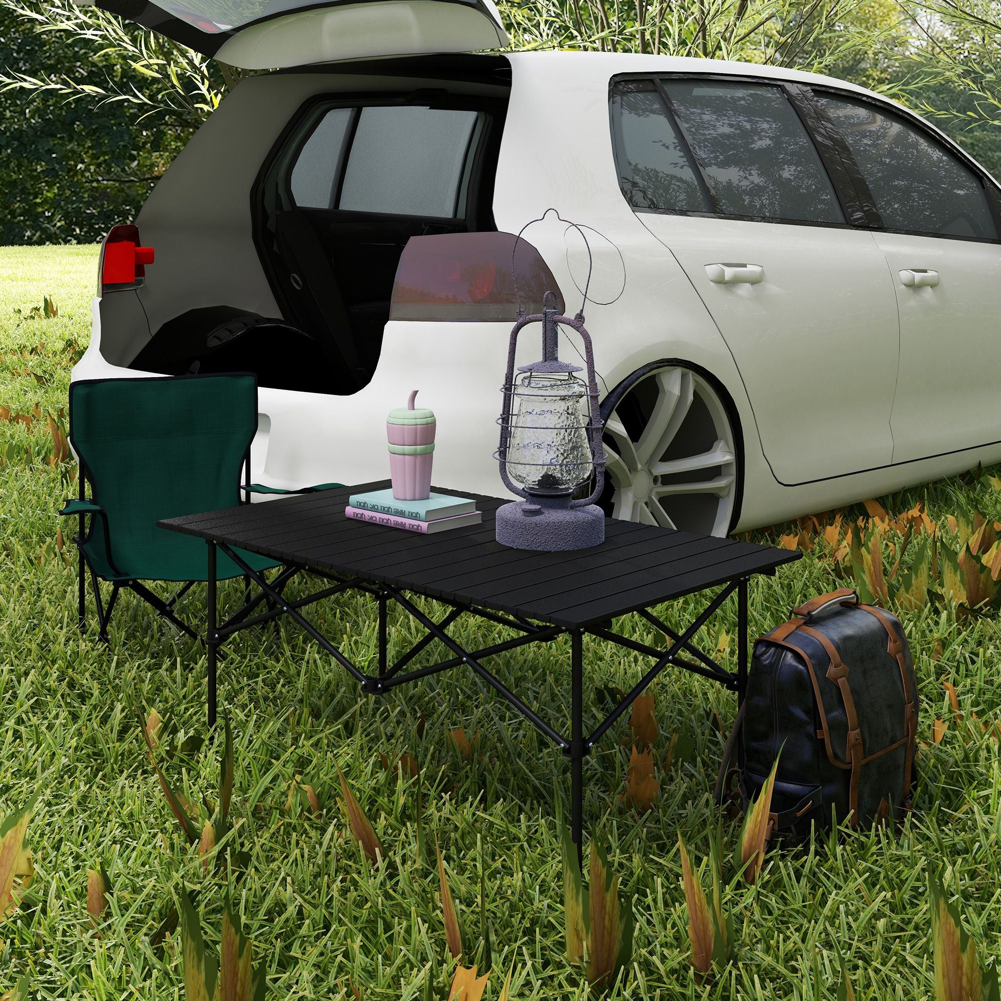Outsunny Folding Camping Table with Roll up Top and Carry Bag, Portable Picnic Table for Camping, Picnic, Hiking, Beach, BBQ, Black