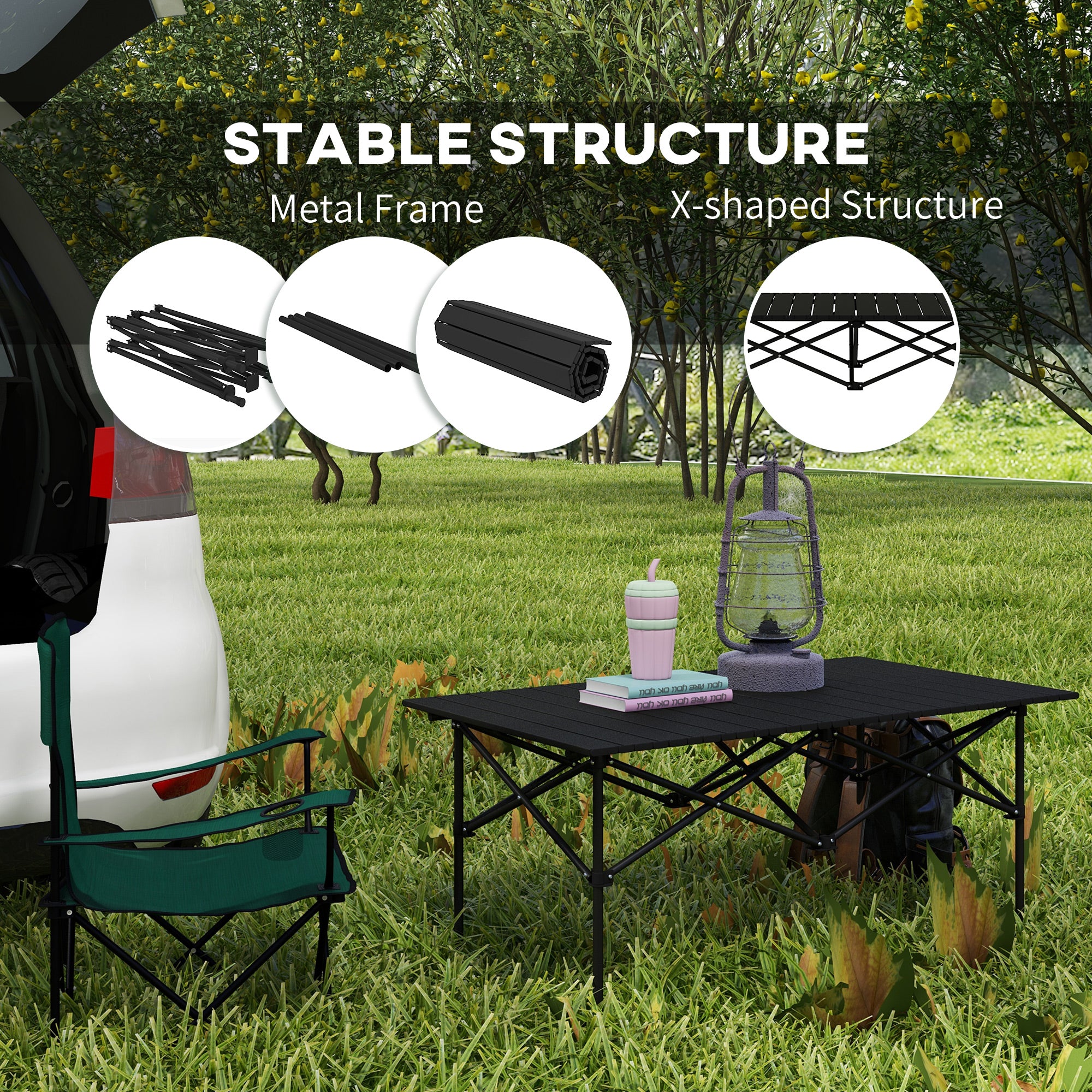 Outsunny Folding Camping Table with Roll up Top and Carry Bag, Portable Picnic Table for Camping, Picnic, Hiking, Beach, BBQ, Black