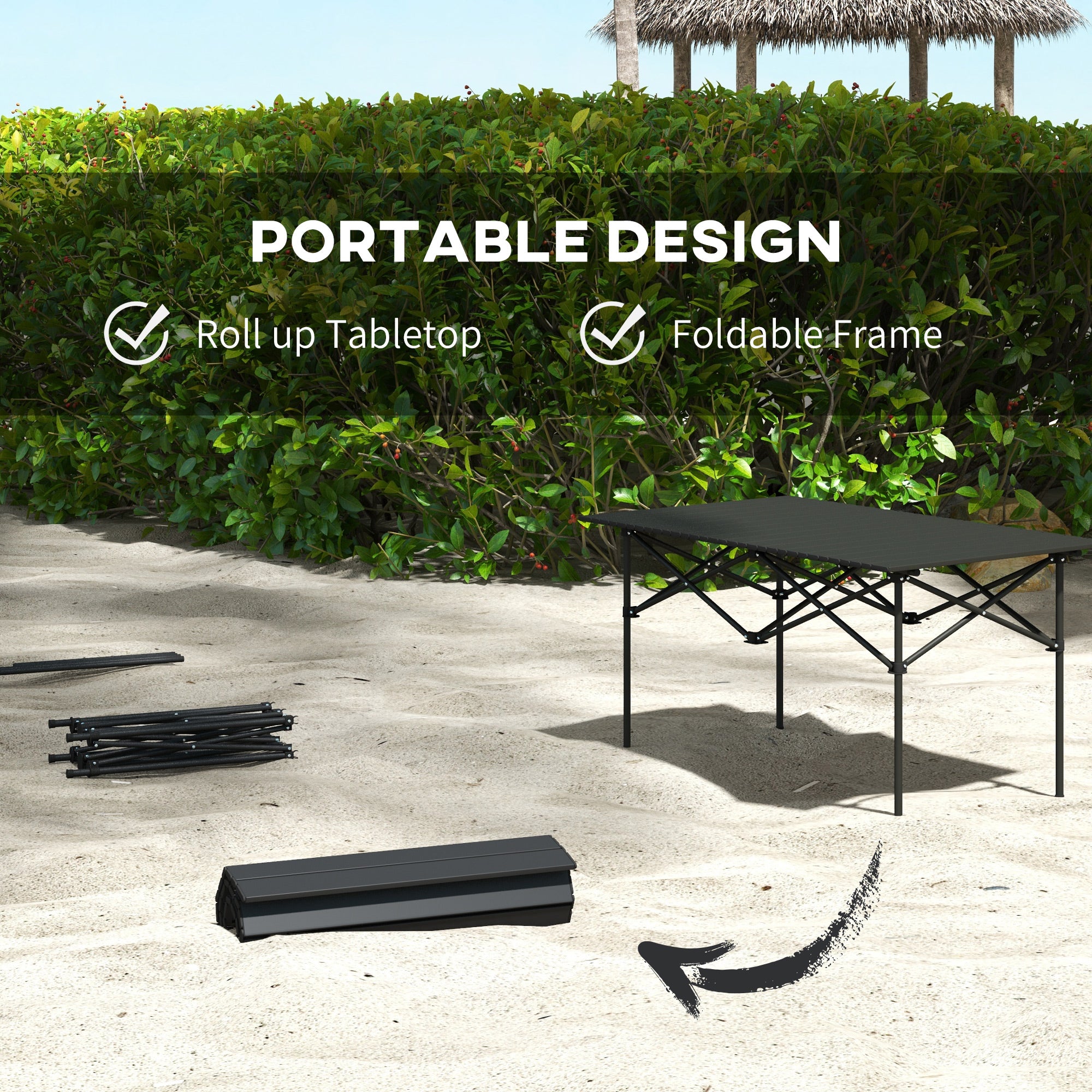 Outsunny Folding Camping Table with Roll up Top and Carry Bag, Portable Picnic Table for Camping, Picnic, Hiking, Beach, BBQ, Black