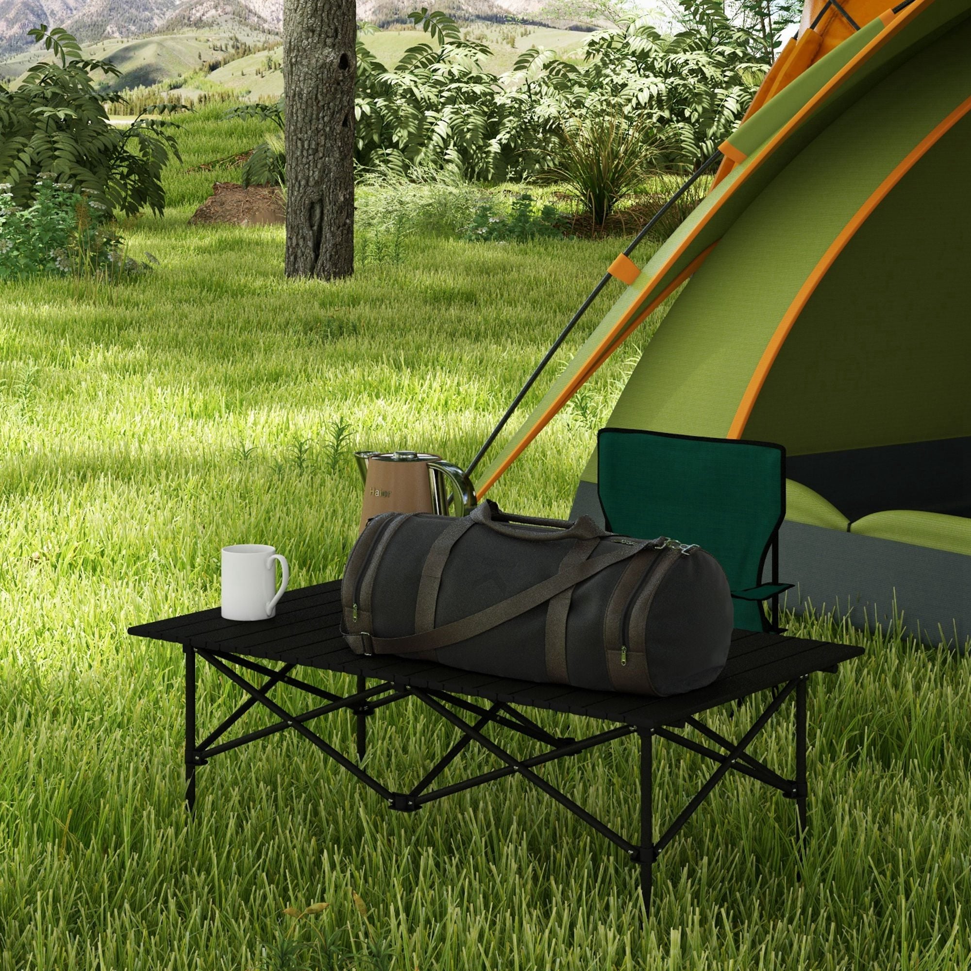Outsunny Folding Camping Table with Roll up Top and Carry Bag, Portable Picnic Table for Camping, Picnic, Hiking, Beach, BBQ, Black