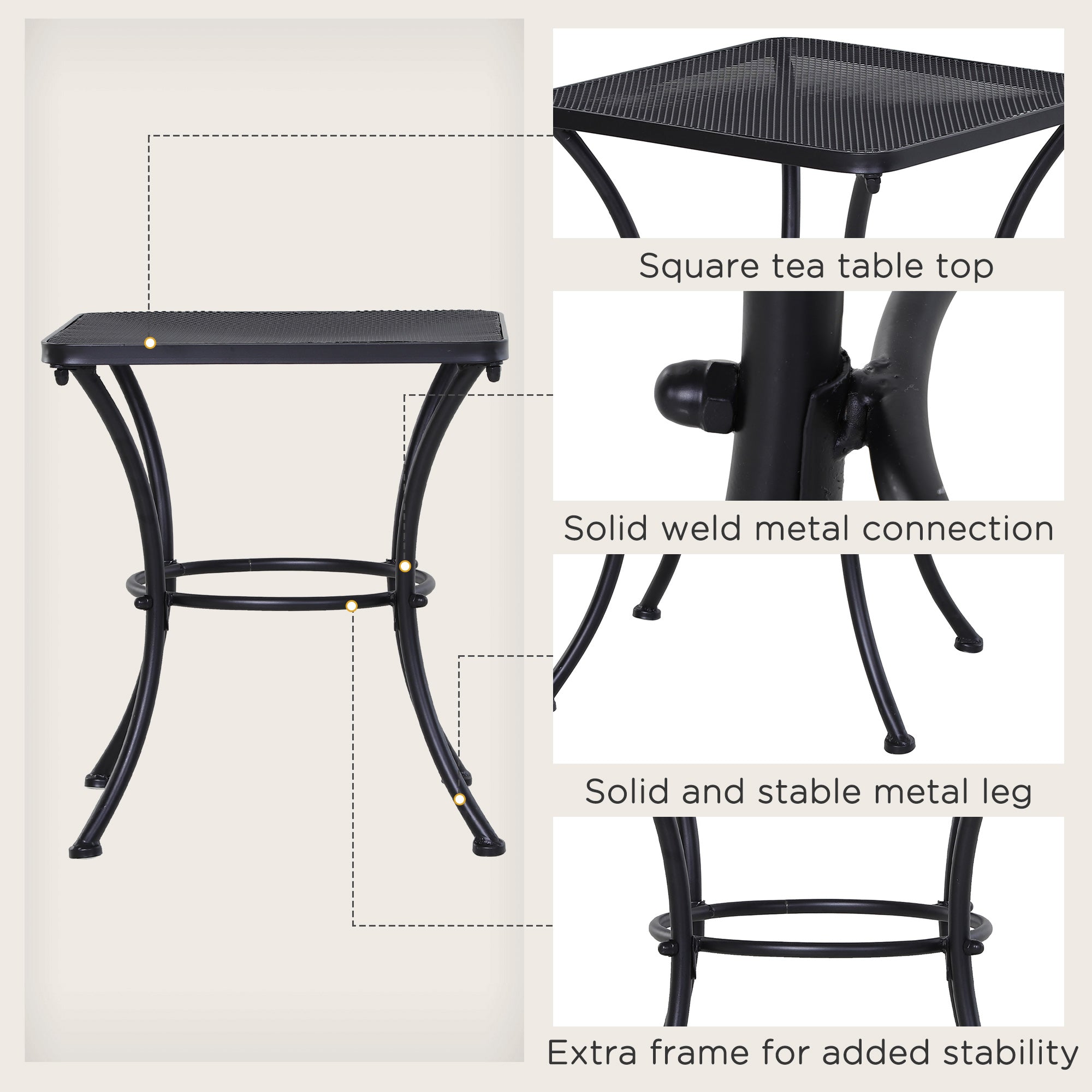 Outsunny 18"x18"x20" Square Garden Metal Bistro Table Outdoor Patio Coffee Side Desk, Black