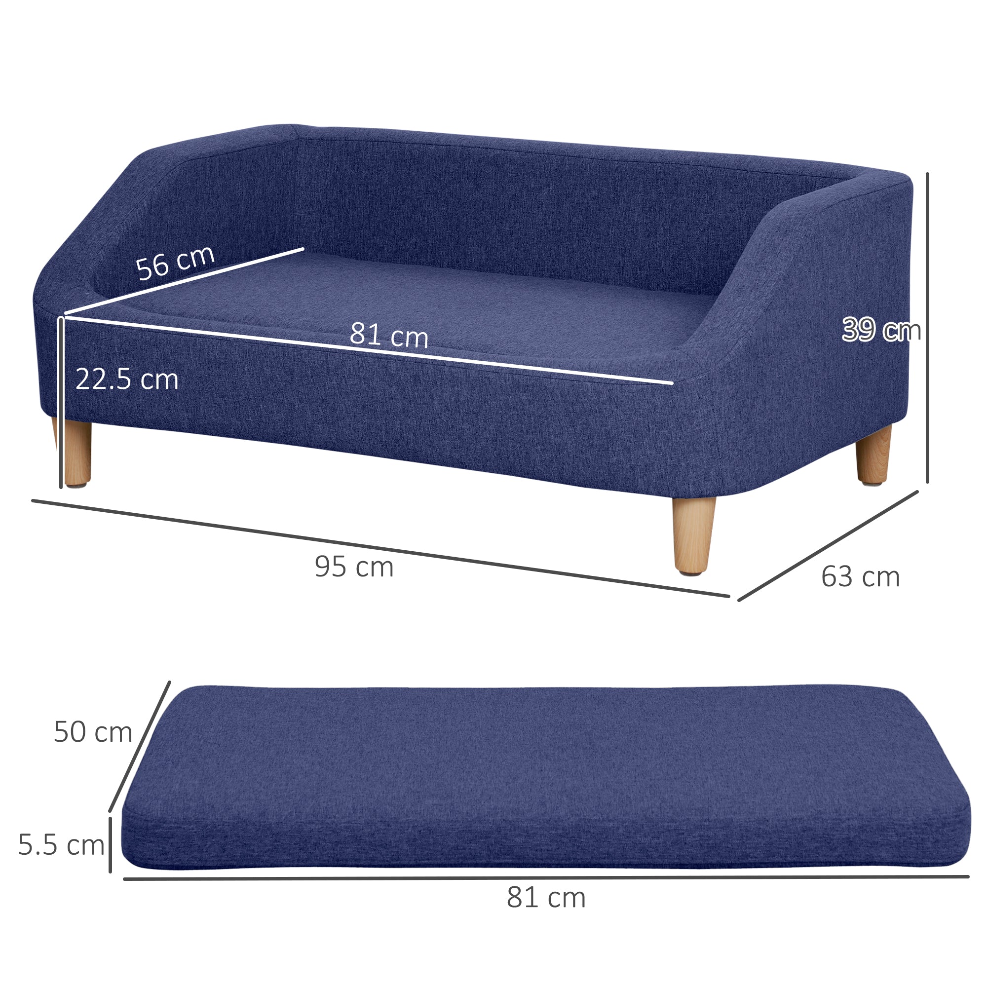 PawHut Dog Sofa Bed, Cat Sofa, Dog Couch w/ Soft Cushion, Removable and Washable Cover, for Small, Medium and Large Dogs, 95 x 63 x 39cm - Blue