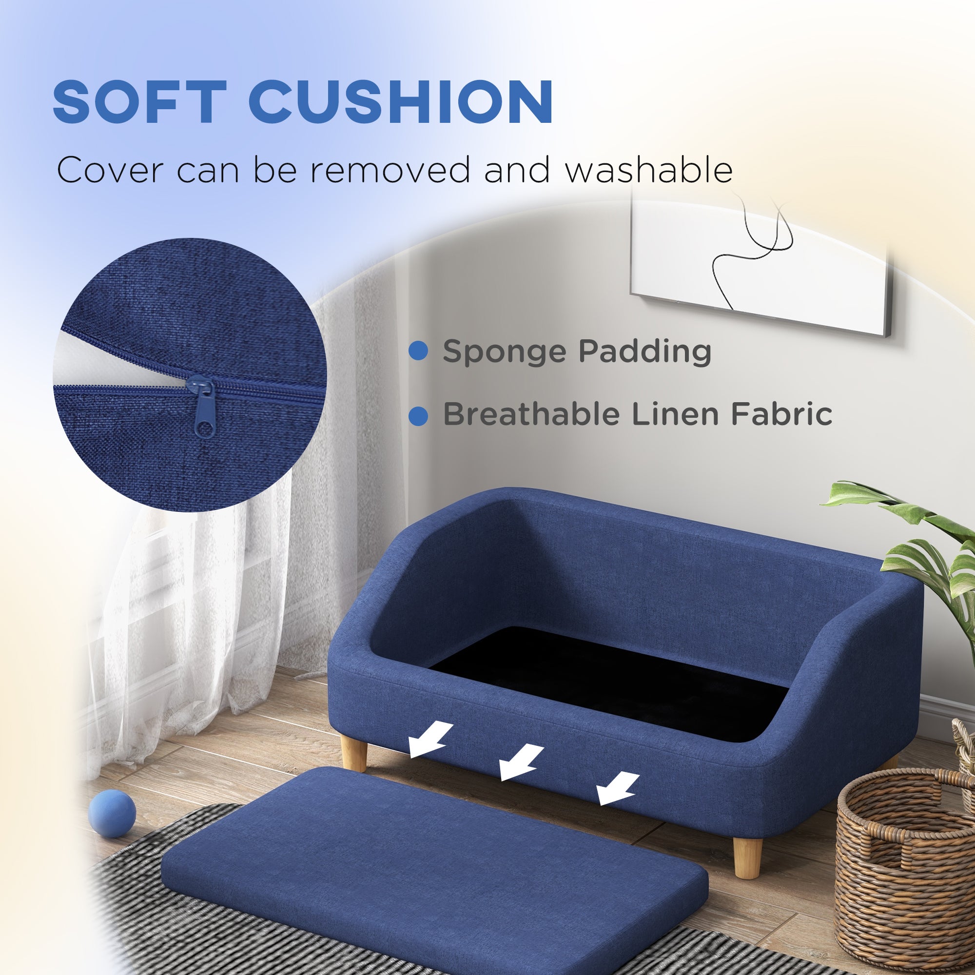 PawHut Dog Sofa Bed, Cat Sofa, Dog Couch w/ Soft Cushion, Removable and Washable Cover, for Small, Medium and Large Dogs, 95 x 63 x 39cm - Blue