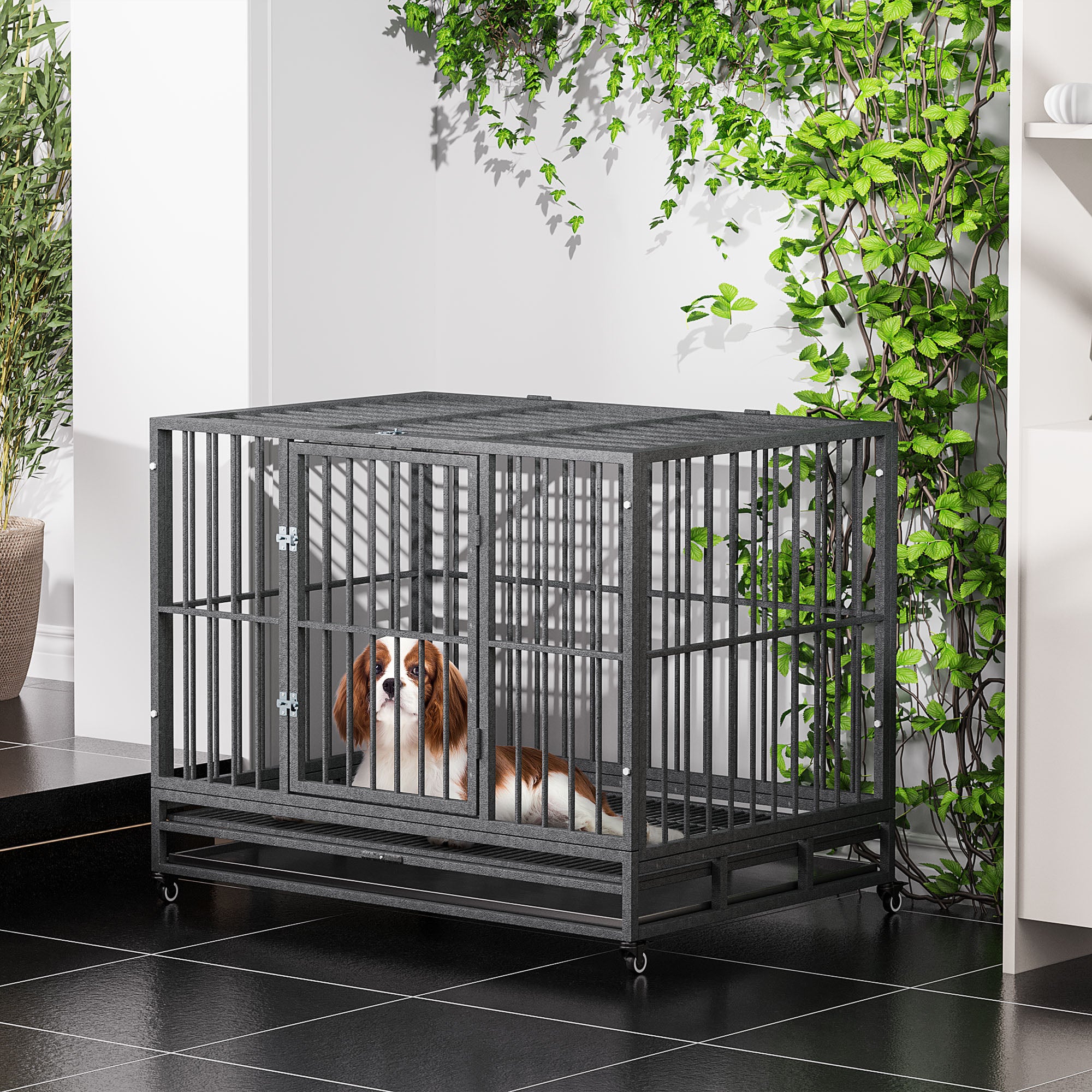 PawHut 43" Heavy Duty Dog Crate Metal Cage Kennel with Lockable Wheels, Double Door and Removable Tray, Gray