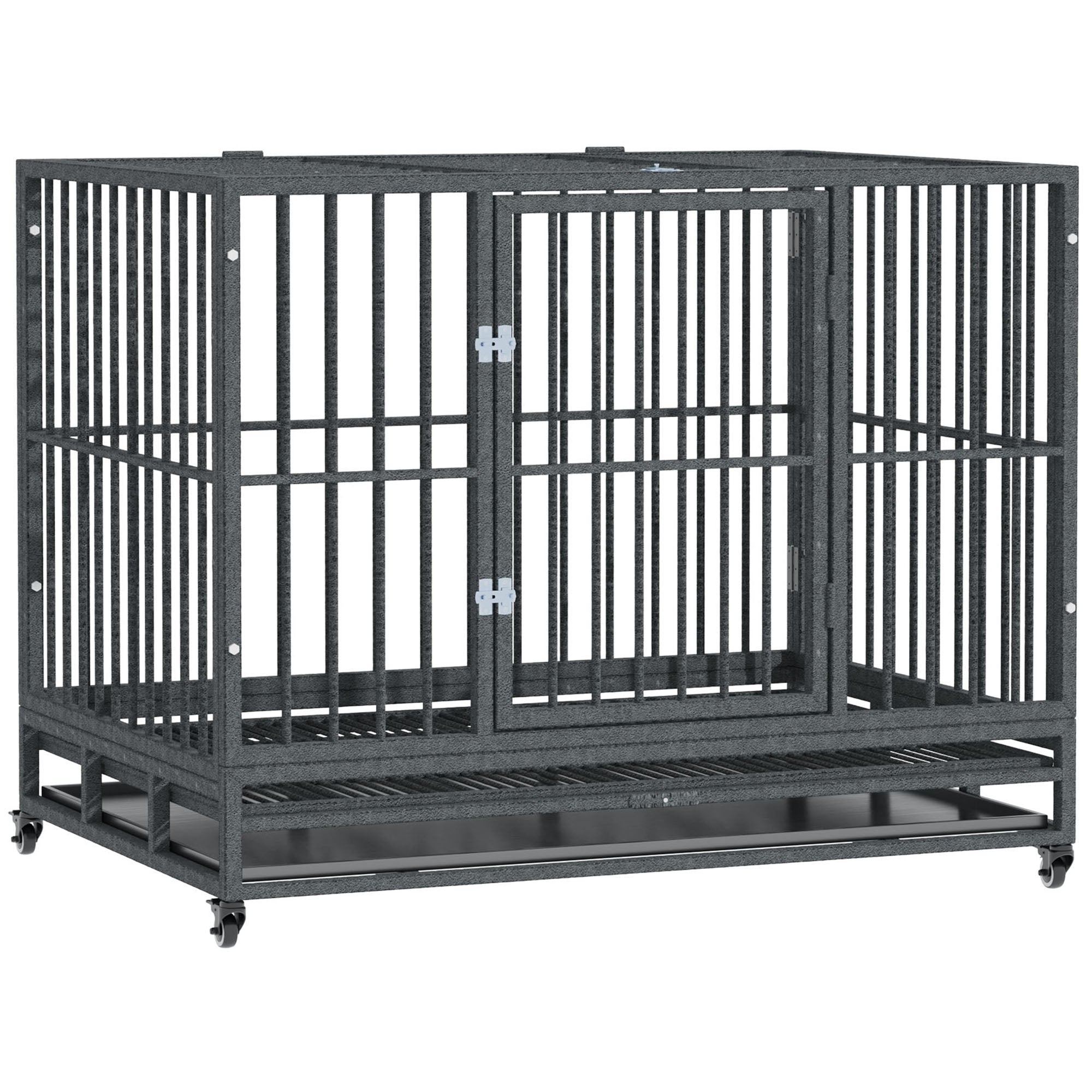 PawHut 43" Heavy Duty Dog Crate Metal Cage Kennel with Lockable Wheels, Double Door and Removable Tray, Gray